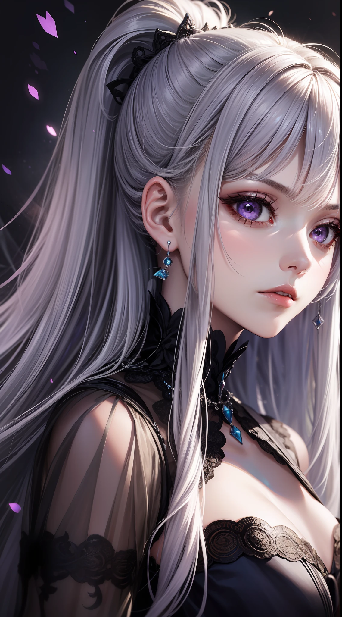 Young girl, long white hair, high ponytail, purple eyes, purple princess dress, evil look, masterpiece, high quality