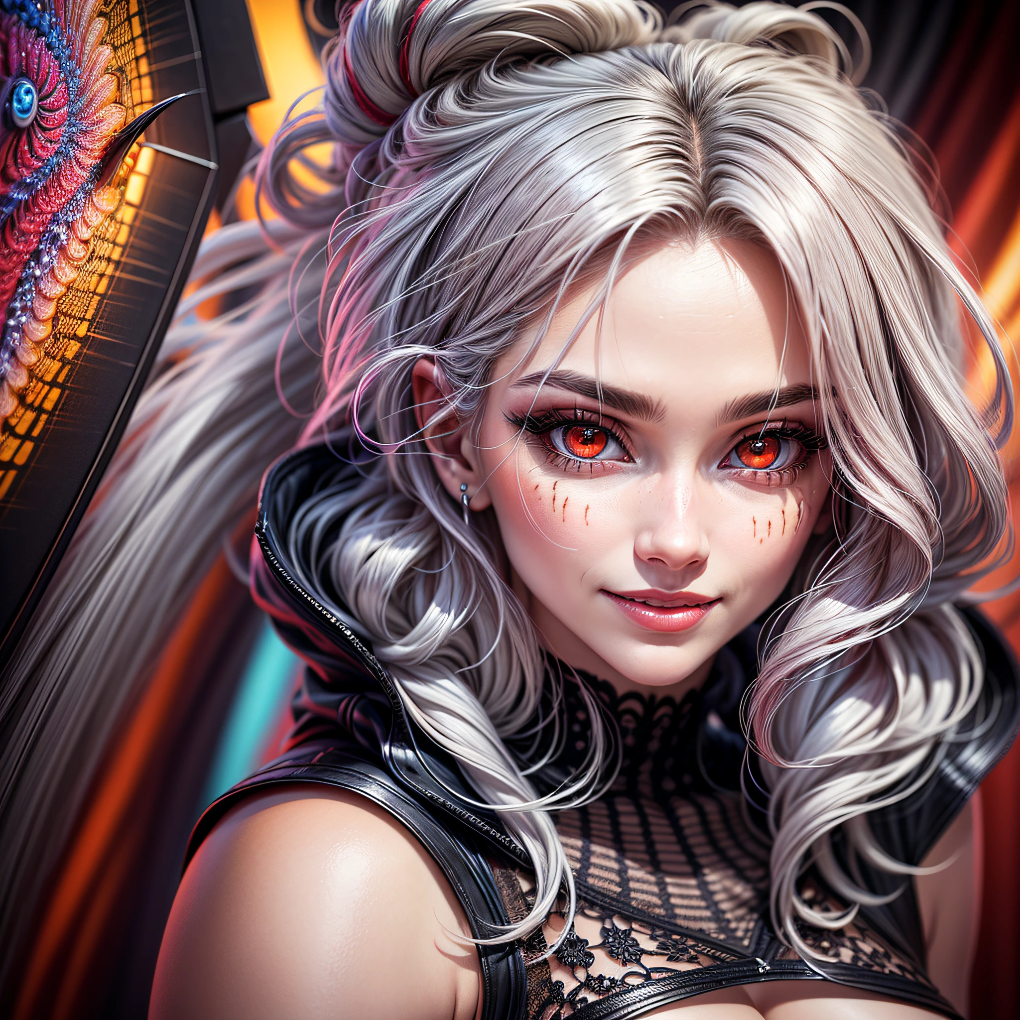 Succubus red eyes, sadistic smile, short mini skirt, sweatshirt, silver hair with red locks masterpiece, best quality), intricate details, (best quality)), ((masterpiece)), ((realistic)), (hyperrealism:1.2), (fractal art:1.2)extremely detailed eyes, colorful, more detailed, vibrant colors, high contrast, (8K UHD:1.2), (photorealistic:1.2), posing for photo in pose