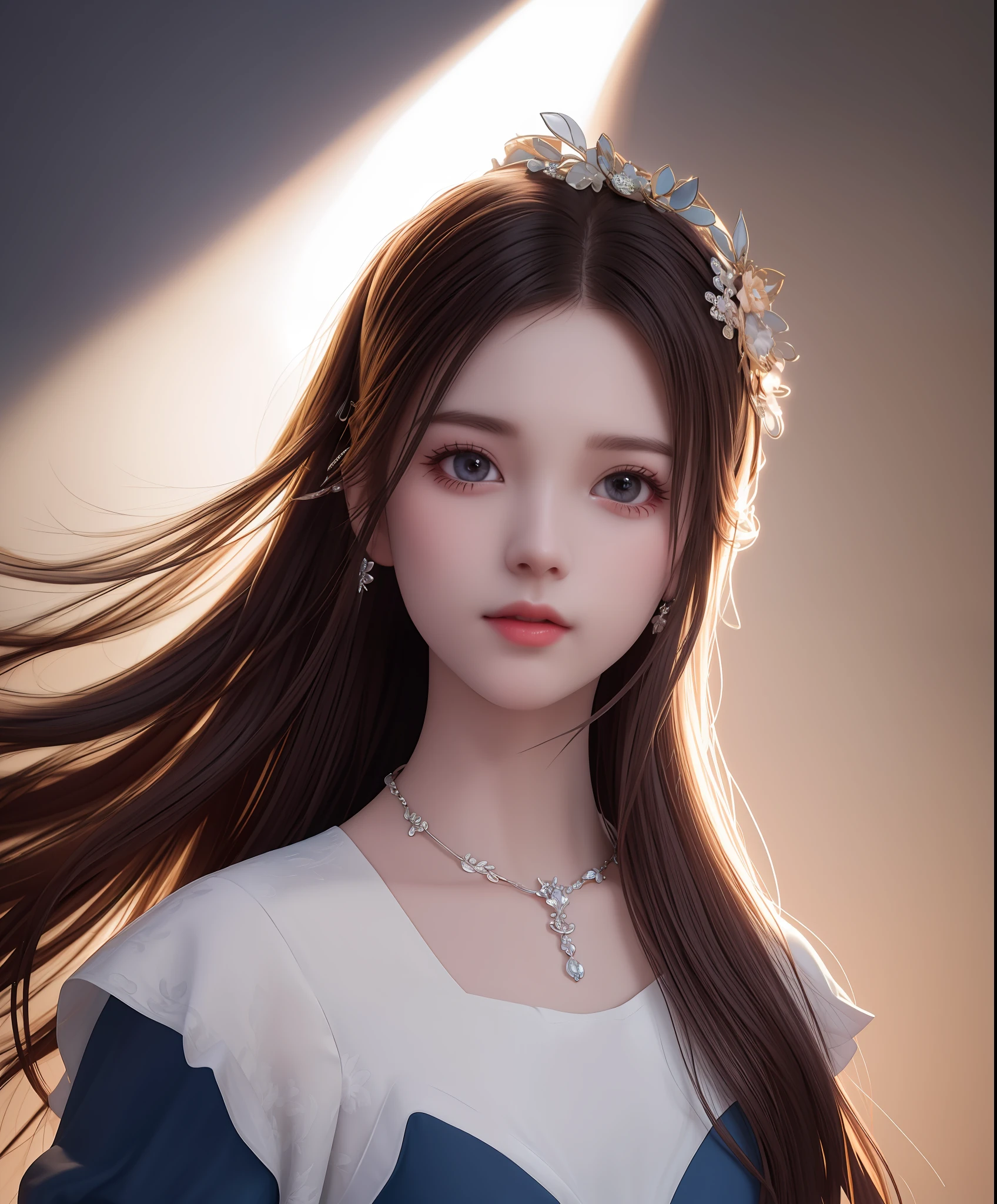 Best quality, masterpiece, high resolution, 1girl, porcelain dress, hair accessories, necklace, jewelry, beautiful face, on the body, Tyndall effect, realistic, dark studio, edge lighting, two-tone lighting, (high detail skin: 1.2), 8k UHD, dslr, soft light, high quality, volumetric light, candid, photo, high resolution, 4k, 8k, background blur,