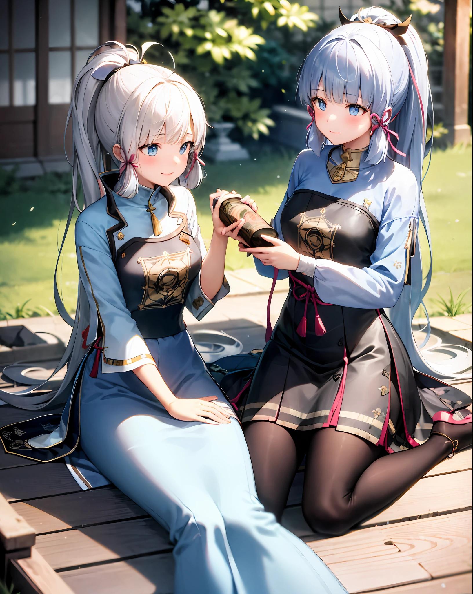 masterpiece, best quality, ultra-detailed, illustration, warm lighting, bright colors, 1girl,solo, long hair, very long hair, rosaria le friede,

Bluish-silver hair, blue eyes, light blue dress, black pantyhose,

Japanese clothes, light smile, sitting, outdoors, t-shirt, casual wear, Beautiful, caring, Love me with all your heart
