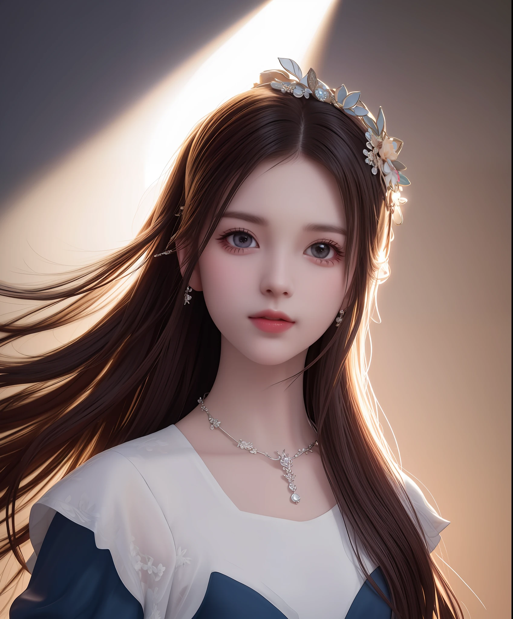 Best quality, masterpiece, high resolution, 1girl, porcelain dress, hair accessories, necklace, jewelry, beautiful face, on the body, Tyndall effect, realistic, dark studio, edge lighting, two-tone lighting, (high detail skin: 1.2), 8k UHD, dslr, soft light, high quality, volumetric light, candid, photo, high resolution, 4k, 8k, background blur,