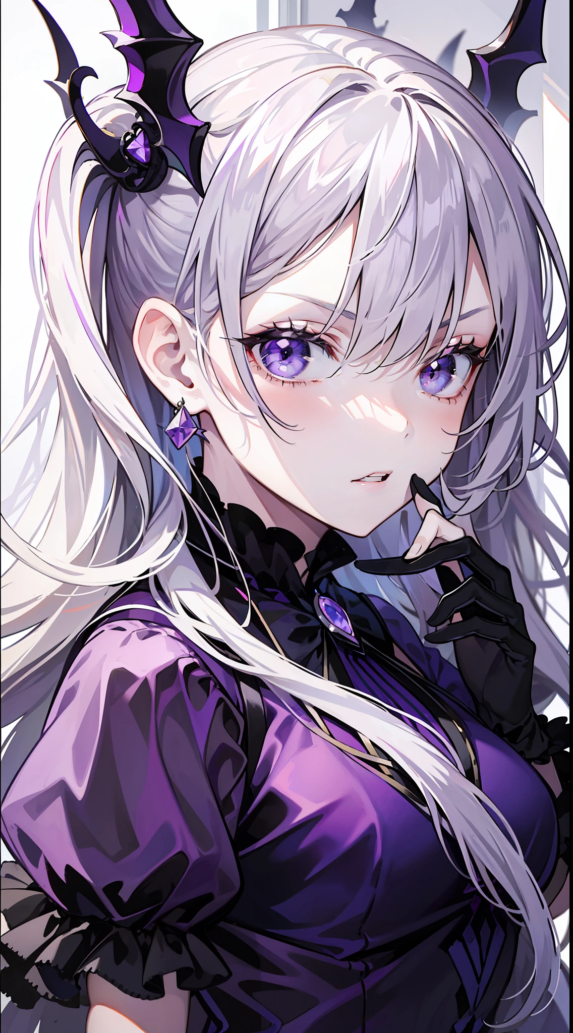 Young girl, long white hair, high ponytail, purple eyes, purple princess dress, evil look, masterpiece, high quality
