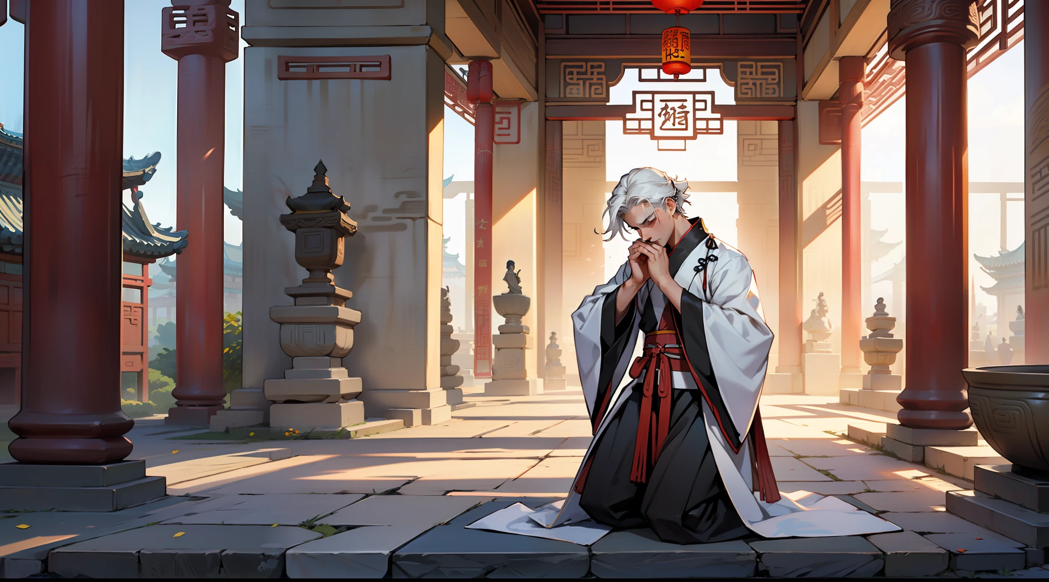 (a person) ((Black Hanfu))), (White Hair))), ((Middle Age)), handsome bowing his head and kneeling) (Background: in a sacred, palatial palace in ancient China).