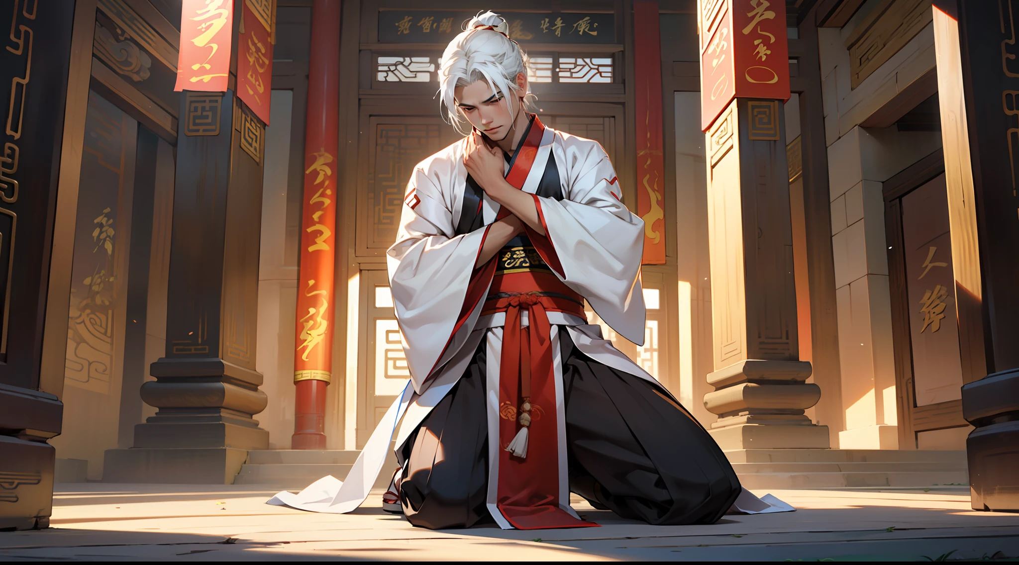 (a person) ((Black Hanfu))), (White Hair))), ((Middle Age)), handsome bowing his head and kneeling) (Background: in a sacred, palatial palace in ancient China).