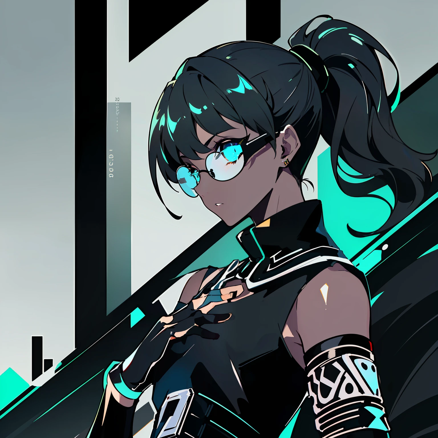 (((Profile Pic))), (((Flat Chest))) Female, (((Dark Skin)))), ((((Black Hair with Ponytail))))), Light Blue Eyes, Round Glasses with Dark Lens, ((((Black Metallic Gauntlets))))), (((Clothes Have a Mix of Modern and Tribal))))), Clothes Are Mostly Black in Color, But with Orange and White Parts, Exposed Shoulders, Black Shorts Extending to the middle of the thigh.