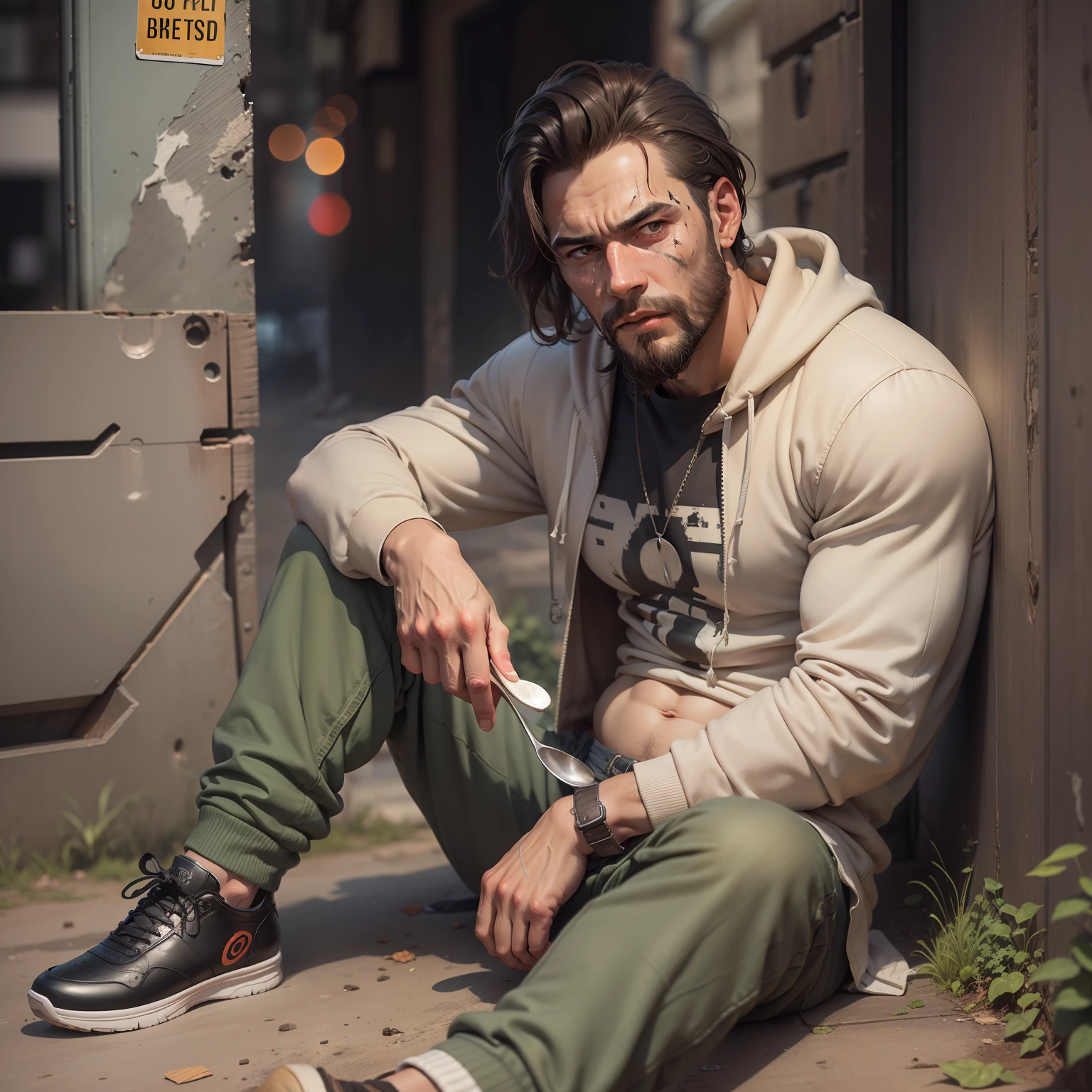 Ultra realistic image of a man with a dirty face and beard, battered sweatshirt dress, very thin and with a prominent belly, Latin features, black skin, sitting on a crate and a dark alley, offering a spoon
