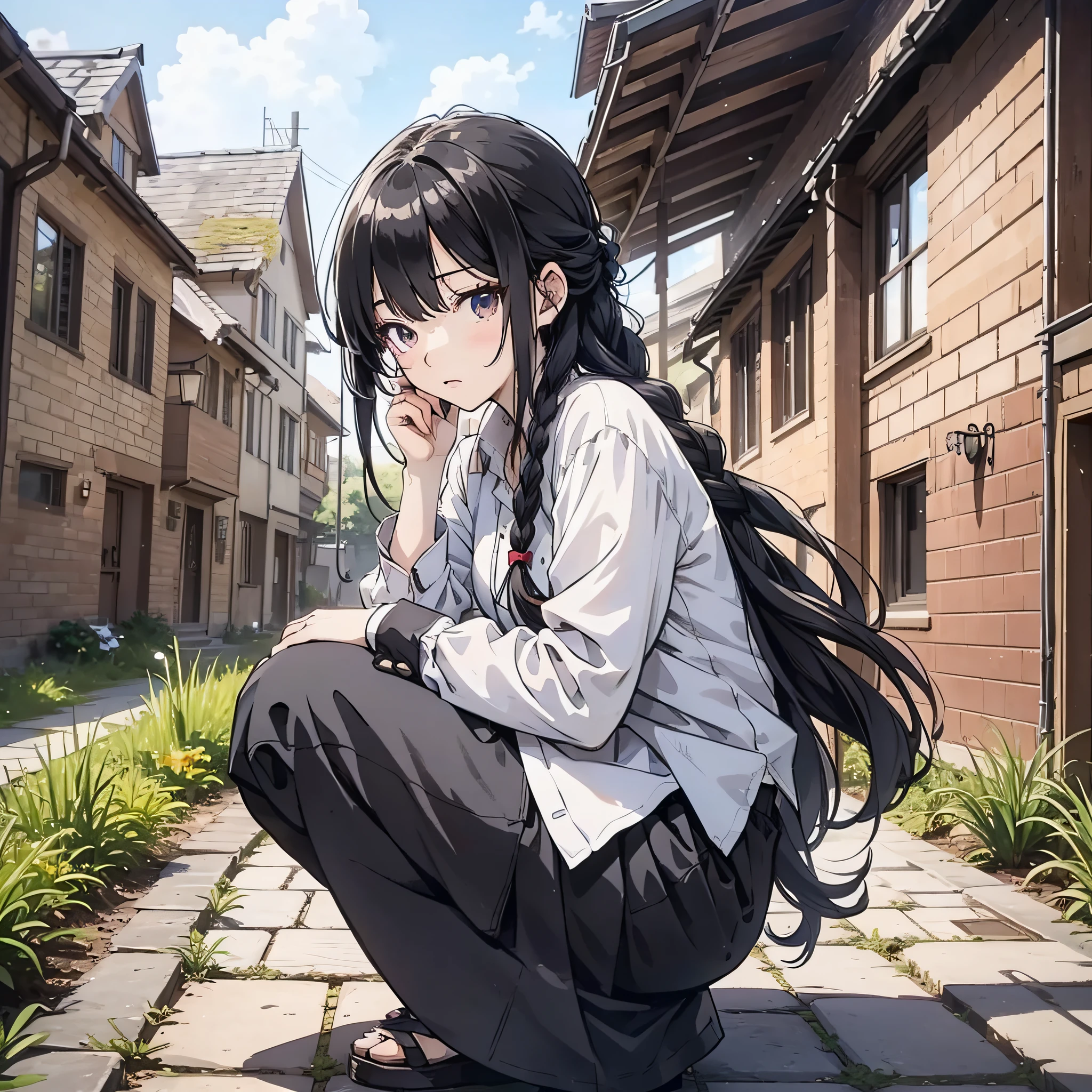 A woman in a white shirt with long black braided hair standing half-squatting on the ground in the courtyard of the house, (expression puzzled 1.5) (upper body display 1.5) (background is village house 1.5) (girls 1.8) (cinematic lighting 1.5) (master masterpiece: 1.4), hyperdetail, anime style 4 K, anime rendering, anime style. 8k,
