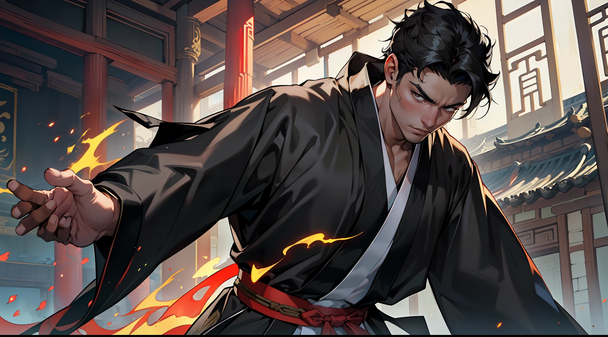 17, (1 person) ( (((1boy))),(((aboy))).(((Black coat))),((Black Hanfu youth)),((black clothes)) , (((Black hair))), kingly air, gorgeous, handsome, outstanding temperamen, fiery, questioned again) (background: sacred, resplendent palace hall in ancient China).