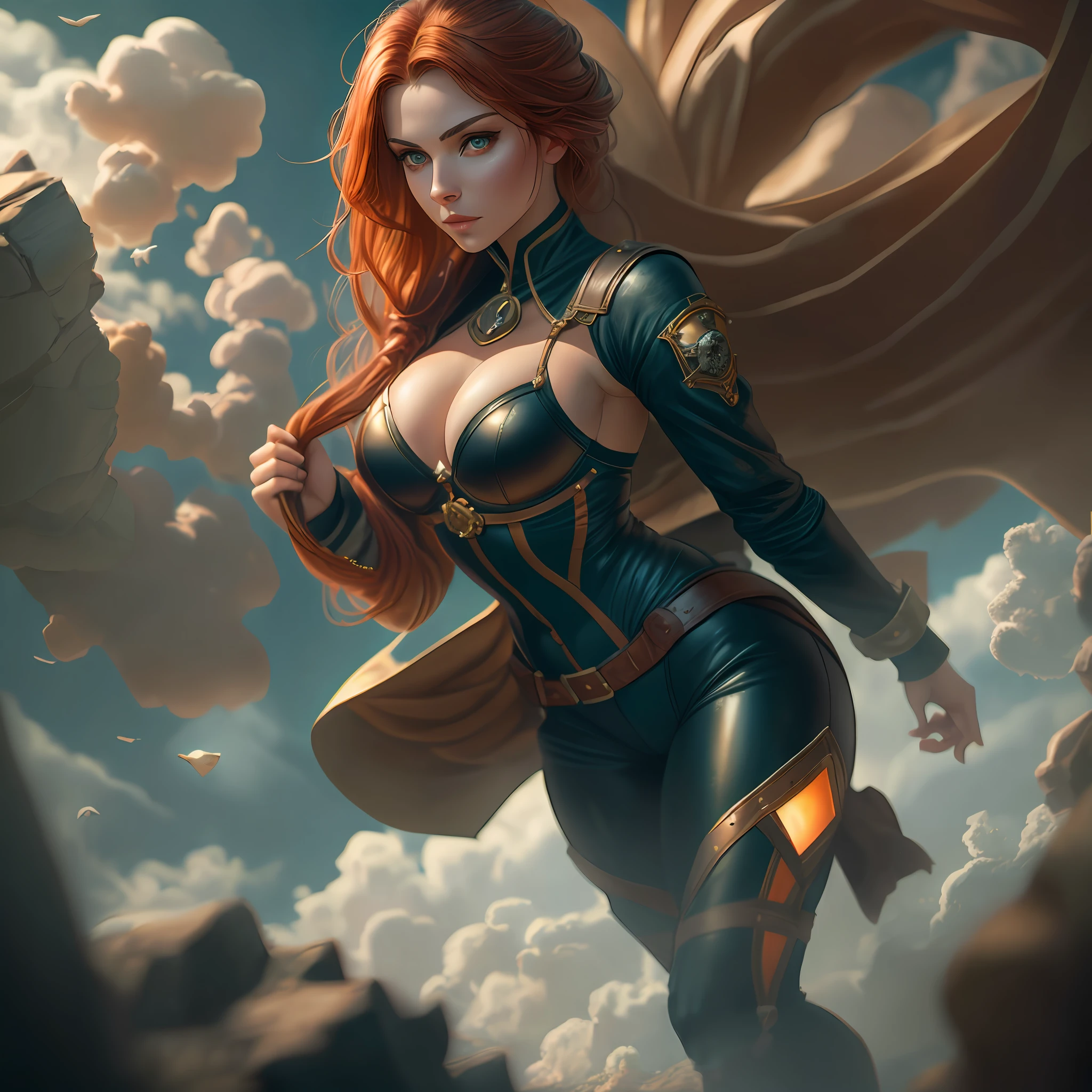 beautiful ginger women in detailed full body length lather pirate's suit, long lather pants, lather jacket, air above hair, IPA award wining, masterpiece, ultimate lighting, art by top 5 artstation artists, spectacular view, chromatic aberration, glaring lather, ambient occlusion, bouncing lights, sharp focus, sharp contrast, best backlighting,