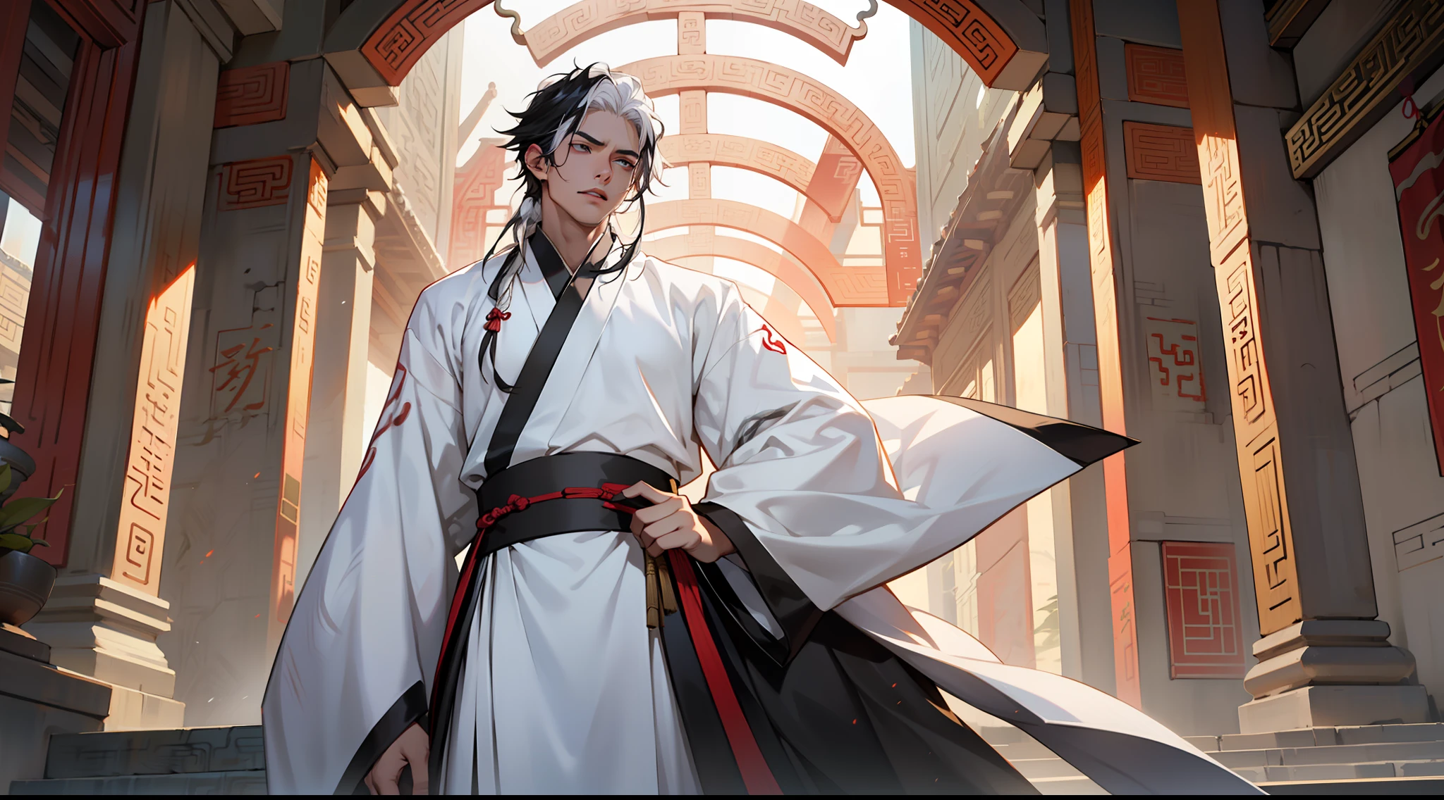 18, (1 person) ((((white hair))),(((aboy))).((white Hanfu youth)), (((white hair)))(((white clothes))), (((Long white hair))), kingly air, gorgeous, handsome, outstanding temperamen, sneers and ignores (((1boy))),(((aboy))).(((Black coat))),((Black Hanfu youth)),((black clothes)) , (((Black hair))), kingly air, gorgeous, handsome, outstanding temperamen,) (background: sacred, resplendent palace hall in ancient China).
