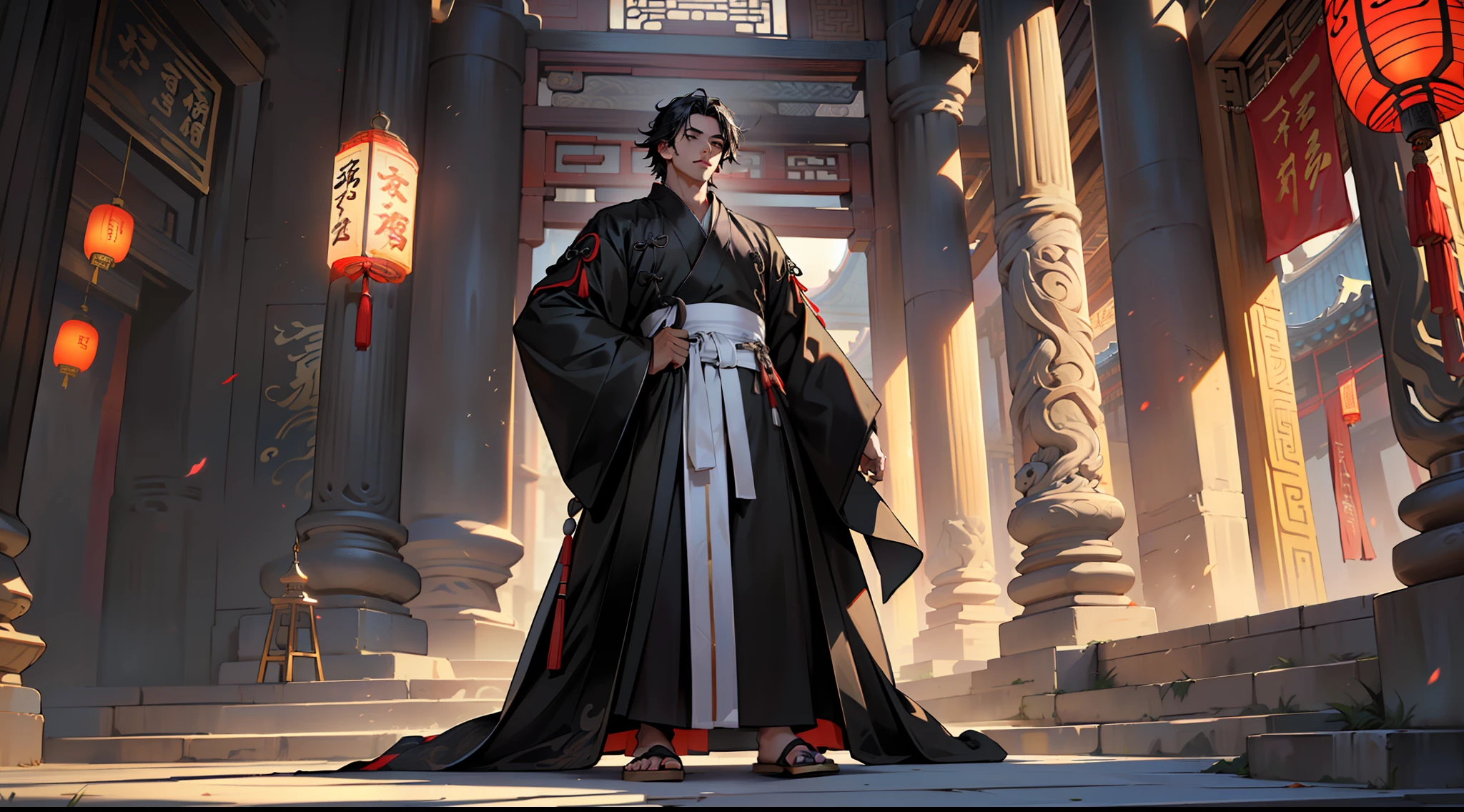 19, (1 person) ( (((1boy))),(((aboy))).(((Black coat))),((Black Hanfu youth)),((black clothes)) , (((Black hair))), kingly air, gorgeous, handsome, outstanding temperamen, realized that he had made a mistake) (background: in the sacred, resplendent palace hall of ancient China).