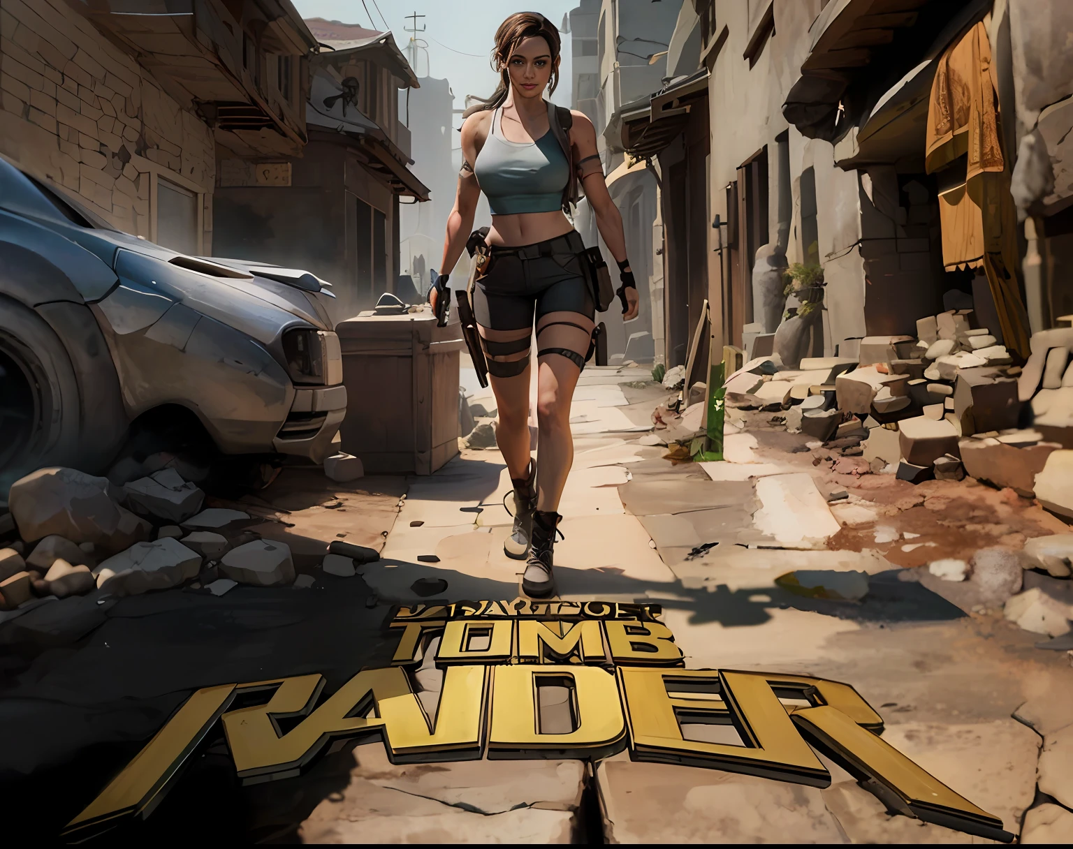 Uma mulher andando por uma rua em uma cidade com um carro, Tomb Raider Setting, Tomb Raider, Tomb Raider (2018), Shadow of the Tomb Raider, Lara Croft, Shadow of the Tomb Rider, Tomb Raider Beautiful, Capa de um novo videogame, Rise of the Tomb Raider, Muscular Sweat Lara Croft, Retrato de Lara Croft, pedras e sujeira no cenário