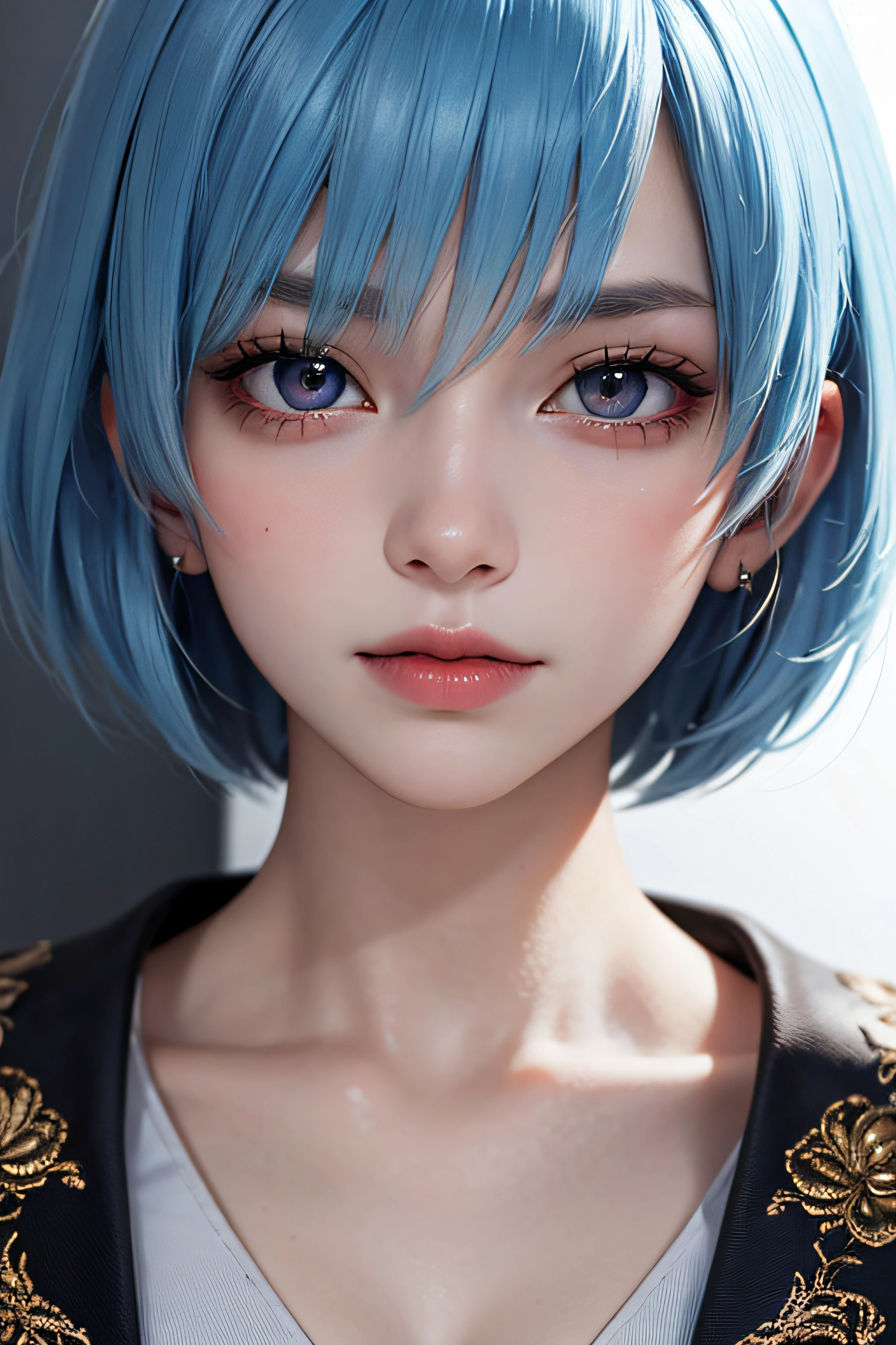 Masterpiece, Best Quality, 8K, Detailed Skin Texture, Detailed Cloth Texture, Beautiful Detail Face, Intricate Detail, Ultra Detailed, Portrait of Rei Ayanami, Blue Hair, Red Eyes, Sideways Glance, No Background