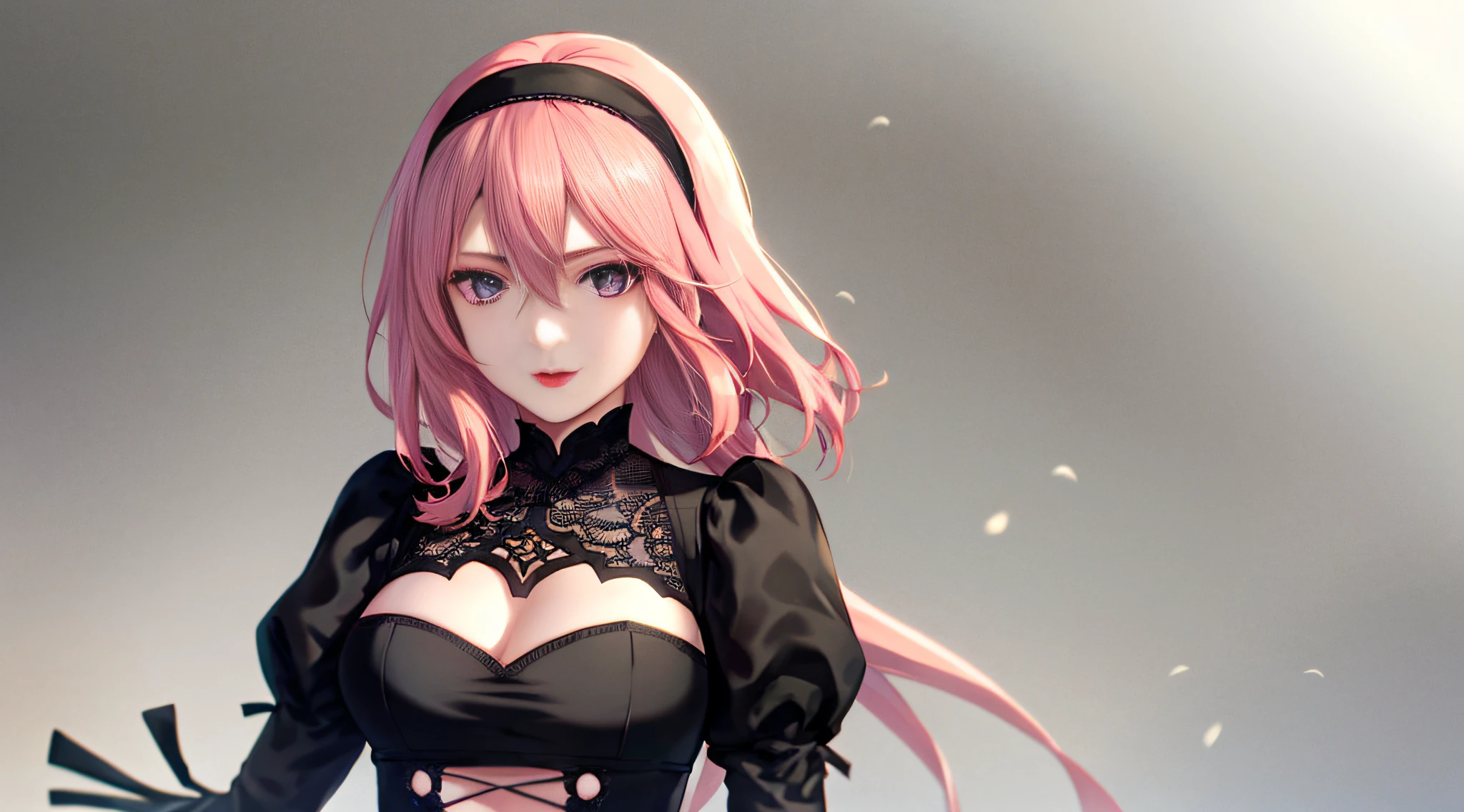 Yorra didn't. 2 Type B, 1girl, Wlop, breasts, neckline, neckline cutout, clothing cutout, sonbril background, hair between eyes, hair band, Highres, Juliet sleeves, long sleeves, Nier (series), Nier automatons, puffy sleeves, red lips, shaded face, wavy long pink hair, solo, purple dress with black details, 8K