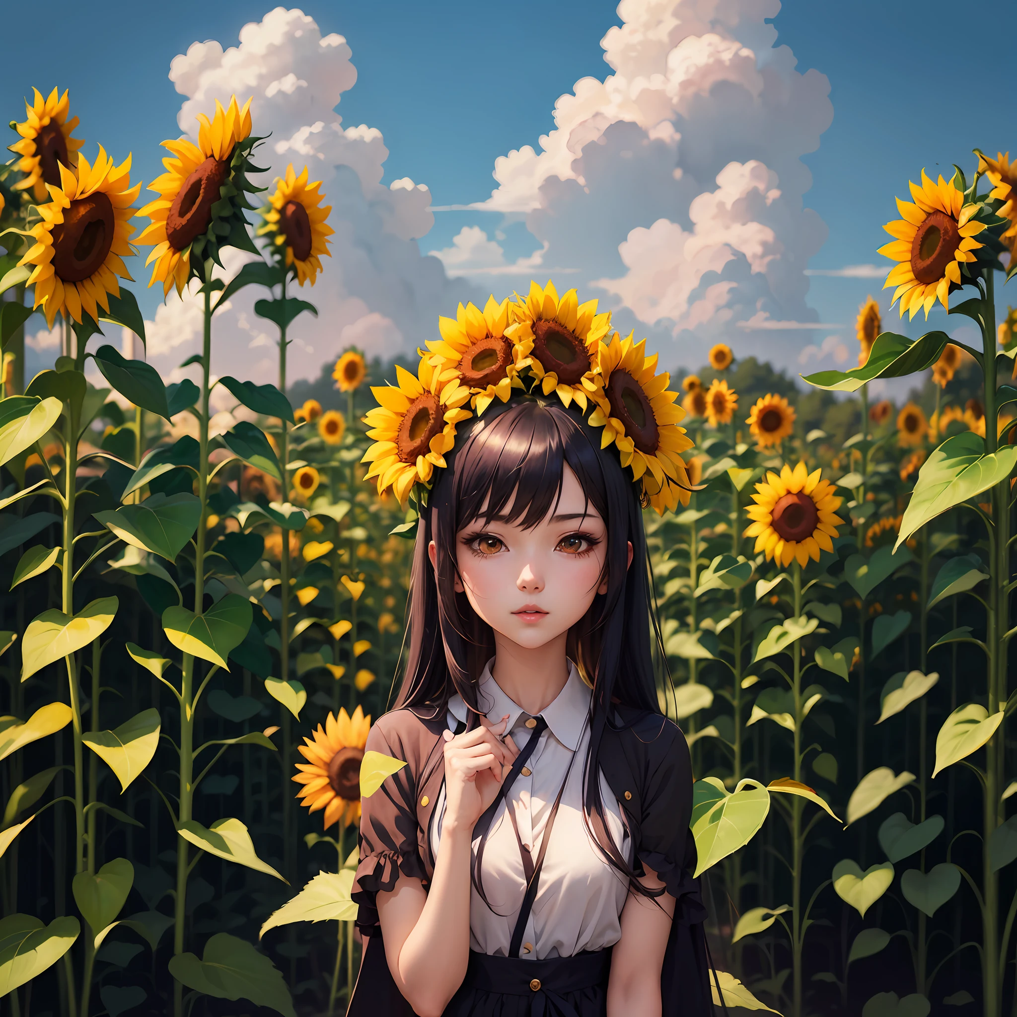anime girl with sunflowers in her hair standing in a field, beautiful sunflower anime girl, anime style 4 k, artwork in the style of guweiz, anime art wallpaper 8 k, anime art wallpaper 4k, anime art wallpaper 4 k, detailed digital anime art, anime style. 8k, 4k anime wallpaper, anime wallpaper 4k, anime wallpaper 4 k