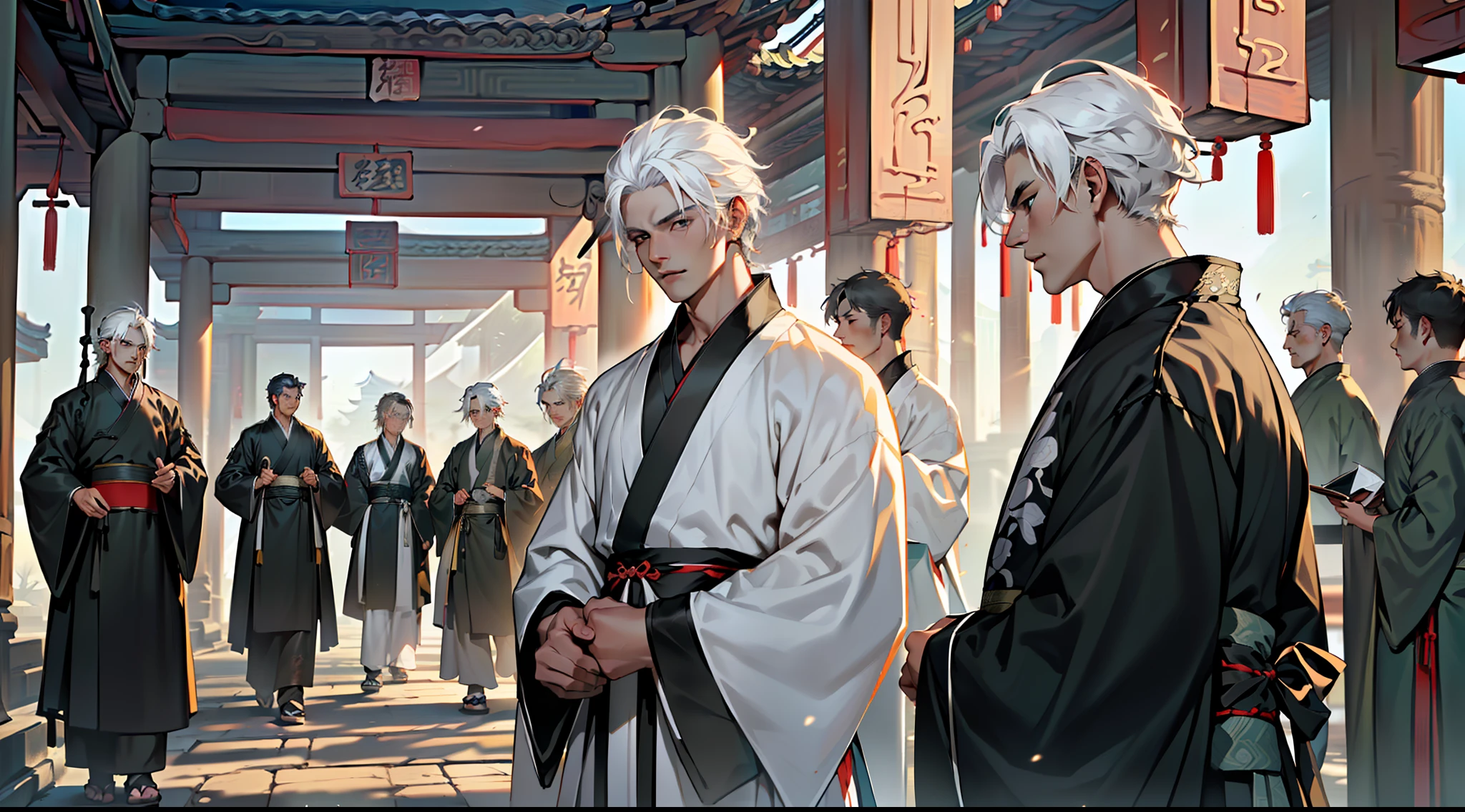 20, (many people) (void opens, many mi(((Black Hanfu))),((((white hair))),(((Middle age))),(((Middle age))).(((Black coat))),((Black Hanfu youth)),((Blackn clothes)) , (((white hair))),handsomele-aged Chinese clothes in green clothes appear) (background: in the sacred, resplendent palace hall of ancient China).