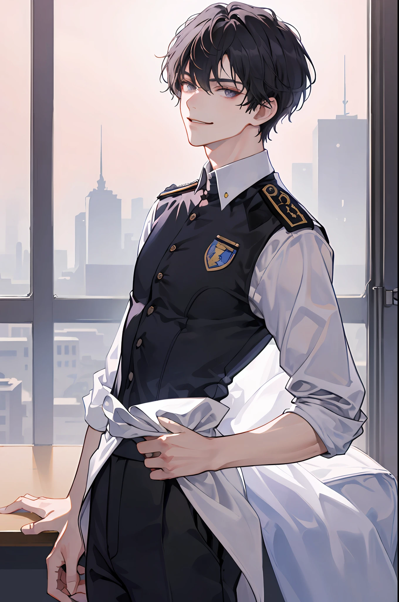 masterpiece, best quality, 1man, short hair, hair trimmed short, very short hair tousled back, comma bangs, handsome student, solo, trendy, ash hair, purple eyes, lean body, tall body, skinny, masculine, alpha male, clean shaven face, broad shoulders, tiny waist, modern, man wears korean school uniform, sophisticated uniform, black trousers, white uniform, student council badge, specs, half body shot, CG 8k, high school student, smirking, perfect anatomy, correct limbs, looking at viewer, in school classroom