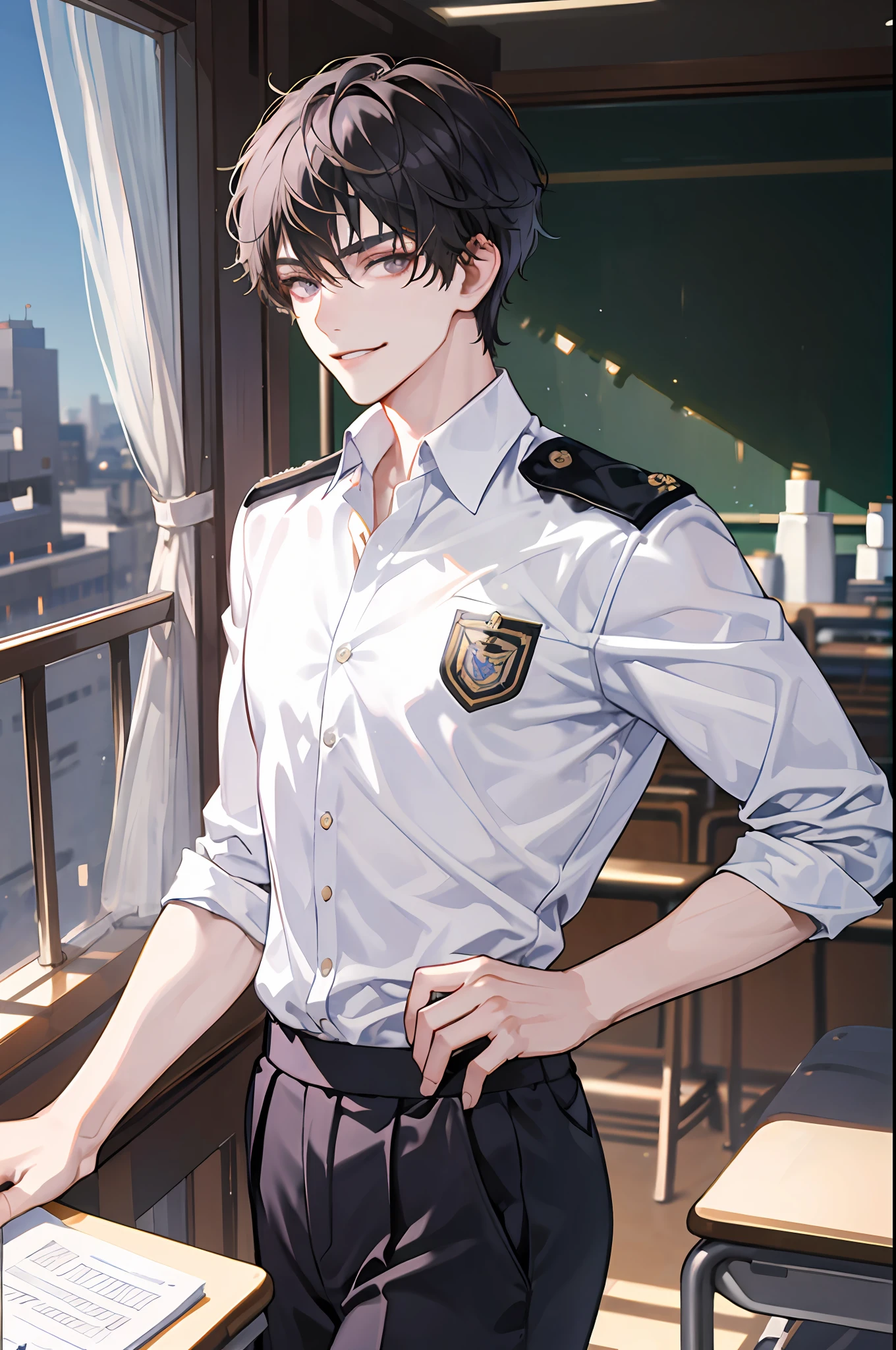 masterpiece, best quality, 1man, short hair, hair trimmed short, very short hair tousled back, comma bangs, handsome student, solo, trendy, ash hair, purple eyes, lean body, tall body, skinny, masculine, alpha male, clean shaven face, broad shoulders, tiny waist, modern, man wears korean school uniform, sophisticated uniform, black trousers, white uniform, student council badge, specs, half body shot, CG 8k, high school student, smirking, perfect anatomy, correct limbs, looking at viewer, in school classroom