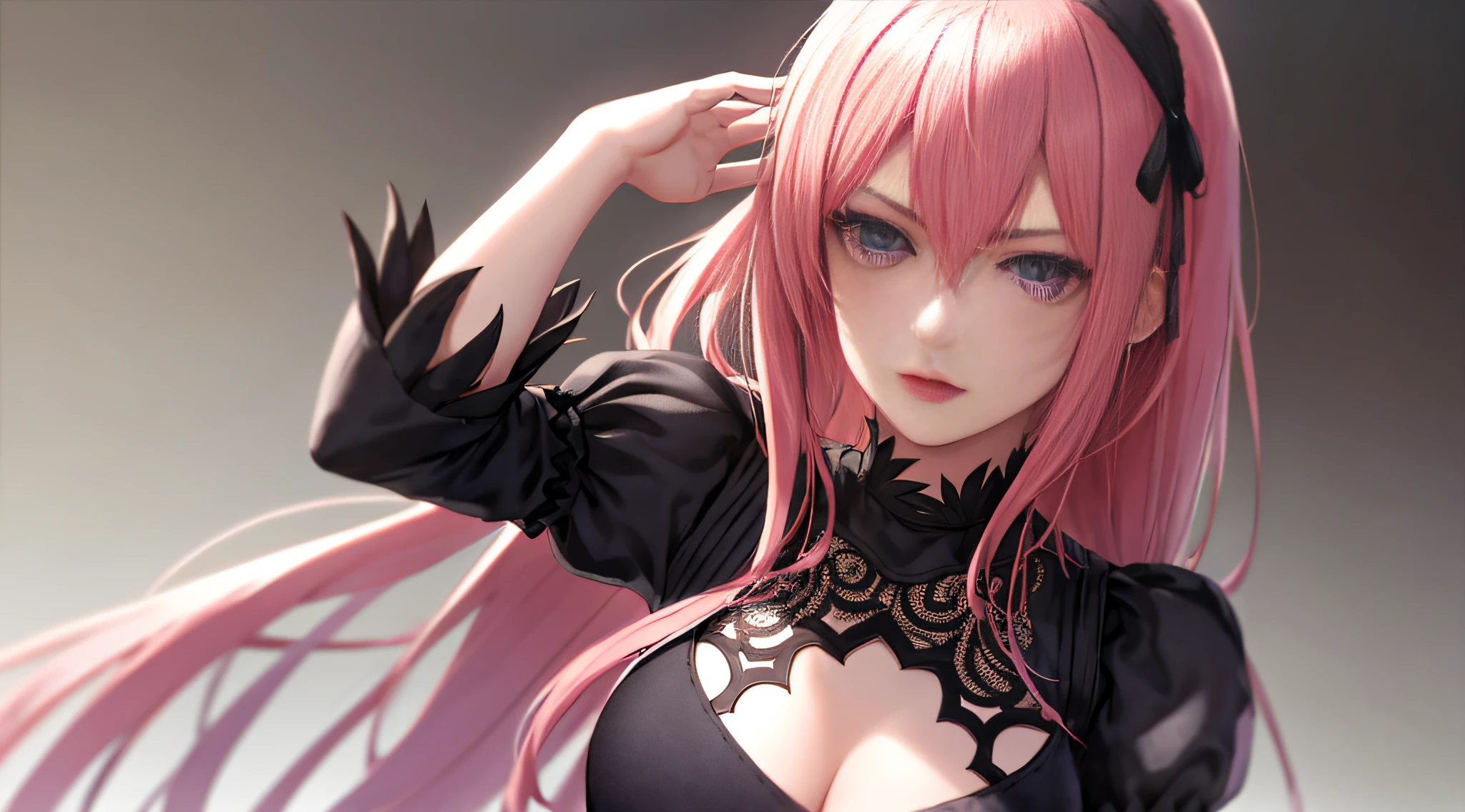 Yorra didn't. 2 Type B, 1girl, Wlop, breasts, neckline, neckline cutout, clothing cutout, sonbril background, hair between eyes, hair band, Highres, Juliet sleeves, long sleeves, Nier (series), Nier automatons, puffy sleeves, red lips, shaded face, wavy long pink hair, solo, purple dress with black details, 8K
