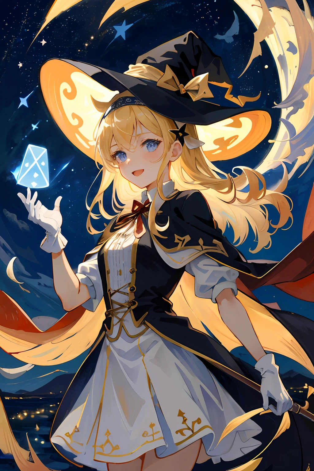 ((masterpiece:1.2, best quality)), 1girl, solo, (witch hat), blonde, long hair, skirt, aurora, night, stars (sky), gloves, sky, white skirt, night sky, mouth open, starry sky, blue Eyes, Ribbons, Long Hair, Red Dress, Smile, Headband, Cape, Blue Hair, (Bird), Magic, Spellcasting, Dark Clouds, Night, (Impressionism: 1.4), (Tarot: 1.3), Alphonse Mucha,