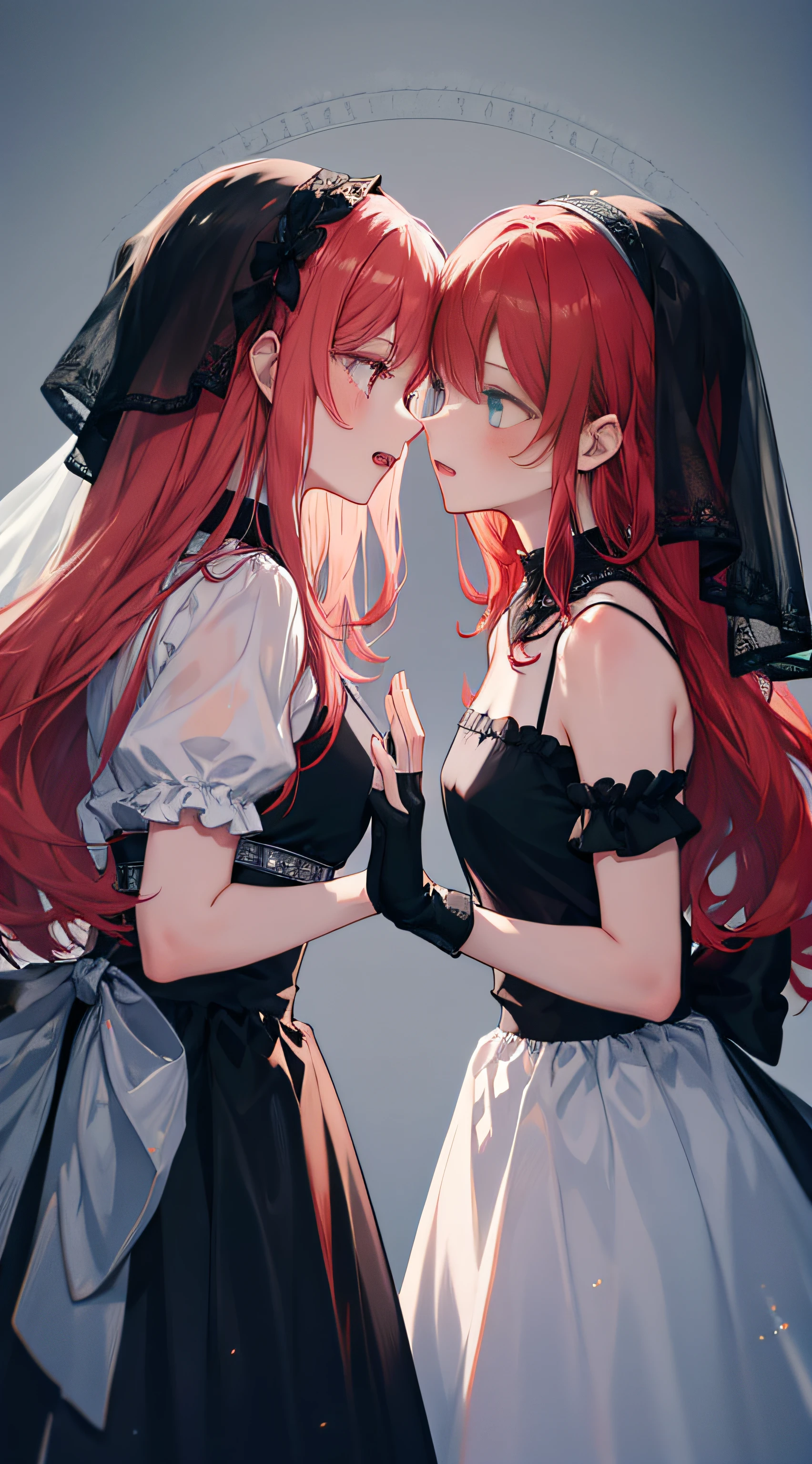 Multiple girls, 2 girls, Yuri, fingerless gloves,
 Red hair, black veil, long dress, black skirt,