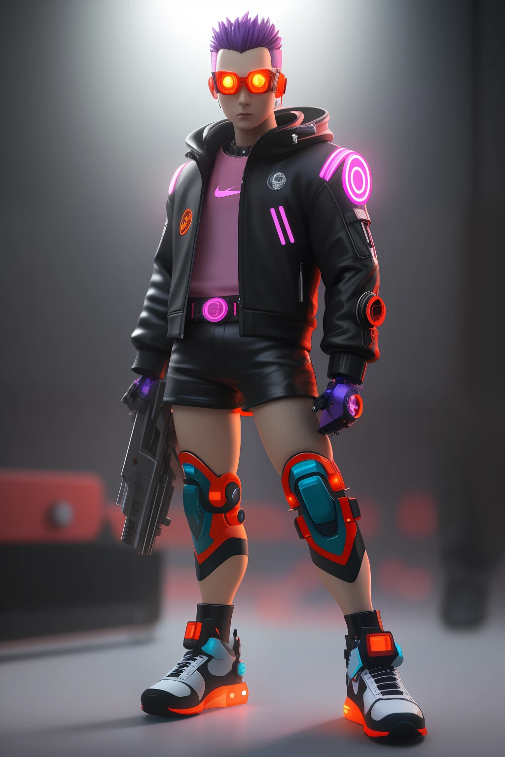 mechanical iborg, chibi boy, resin mockuP, complex details, looking at the viewer, bored pose, full body, black background, super fashionable, with purple hair, bored face, robotic arms, holding black mecha weapons, wearing black bulletproof jacket, and black red nike functional shoes, light neon lines in shorts and jacket shoes, fine gloss, clay material, popmart style, cyberpunk, ip by popmart, mockup blind box, studio light, front view, 3d rendering, c4d, octane render, blender, hyper quality, ultra hd, ultra high detail, 8k,