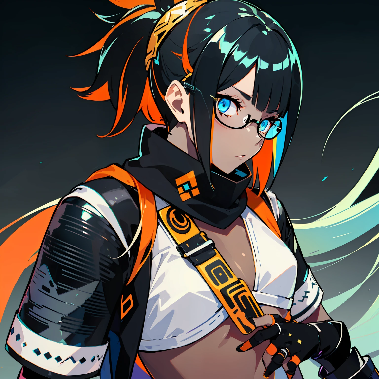 (((Profile Pic))), (((Flat Chest))) Female, (((Dark Skin)))), Black and Orange Hair with Ponytail, Light Blue Eyes, Round Glasses with Dark Lens, White Scarf ((((Black Metallic Gauntlets))))), (((Clothes Have a Mix of Modern and Tribal))))), Clothes Are Mostly Black in Color, But with Orange Parts, Shoulders on Display