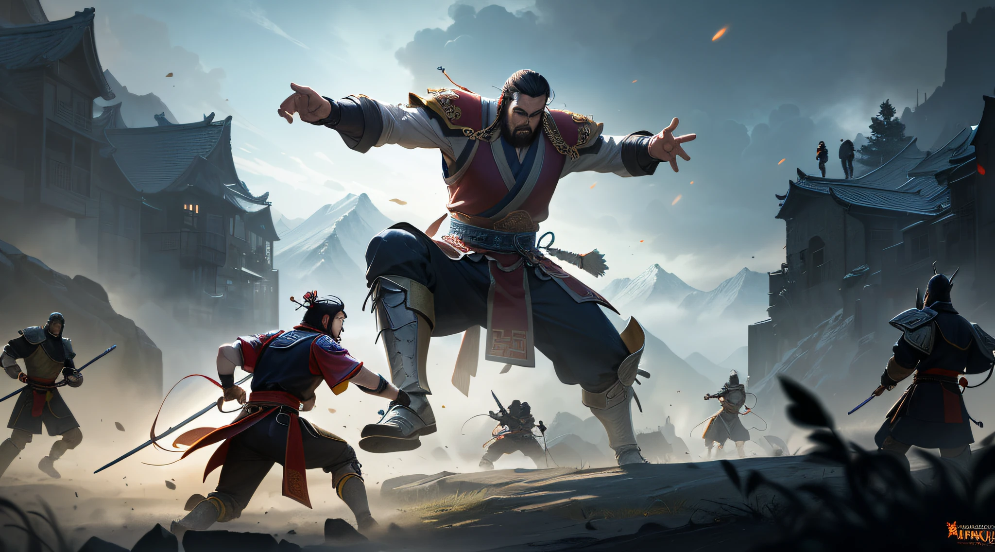 (((Ancient Chinese warriors fighting in the mountains)), fighting, foreground many back-to-camera ancient Chinese soldiers, Guan Yu, Zhang Fei, Zhuge Liang, staring at the enemy, light martial arts style, ethereal, tree branches, concept art of Yang J, Artstation competition winner, fantasy art, Tuomas Korpi and WLOP, detailed game art illustration, medieval fantasy game art, honor character concept art, wojtek fus, medieval concept art, detailed game art, The night battle behind him is raging, dramatic concept art, the world of Hongtu, the Three Kingdoms, the war of the country