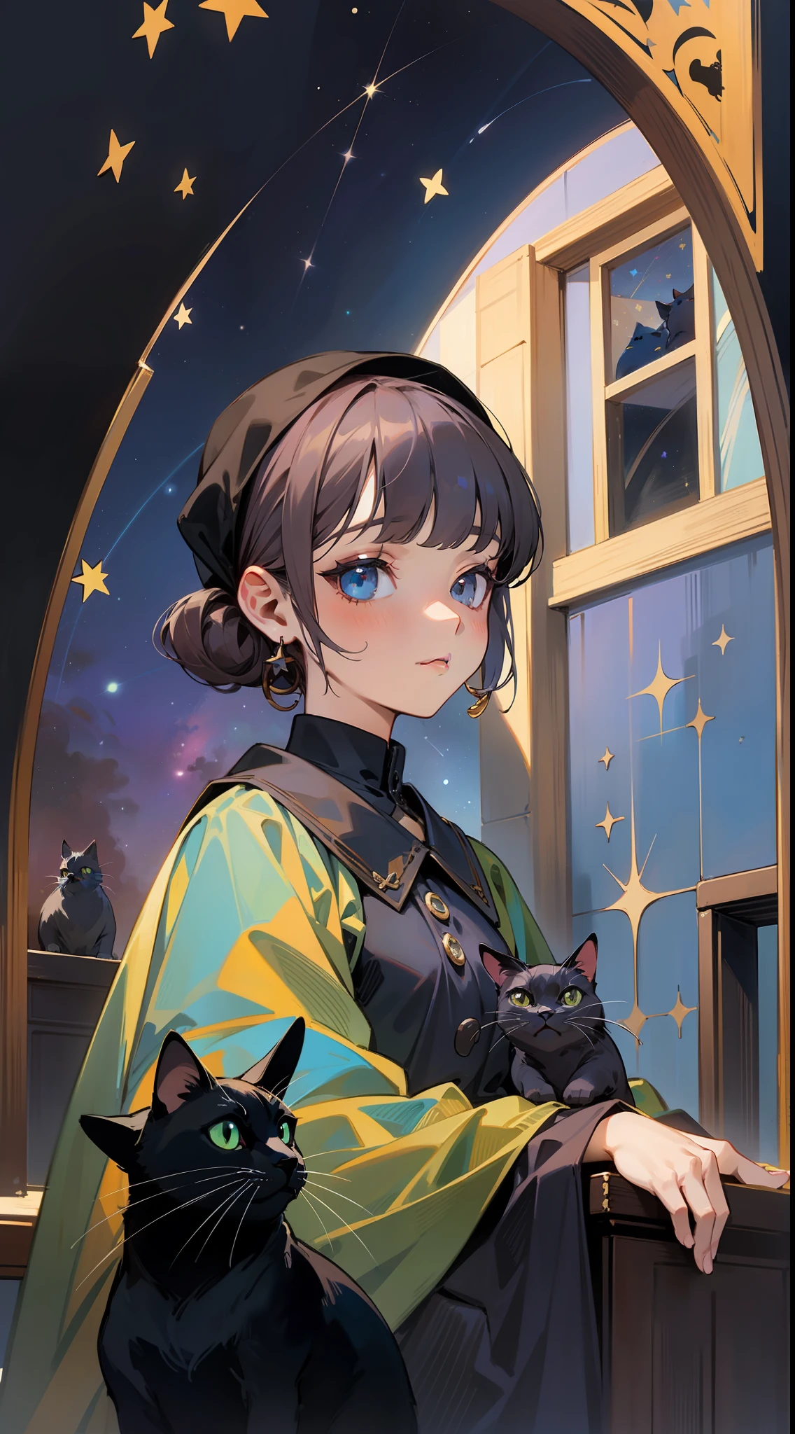 Vermeer painted woman, black cat, starry sky on background, fantastic, colorful