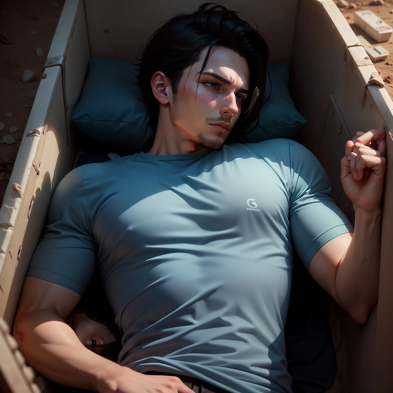Ultra-realistic image of a man in his early 20s, ugly, thin, dressed in blue hospital clothes, lying inside a dark coffin, buried alive under the ground, pensive