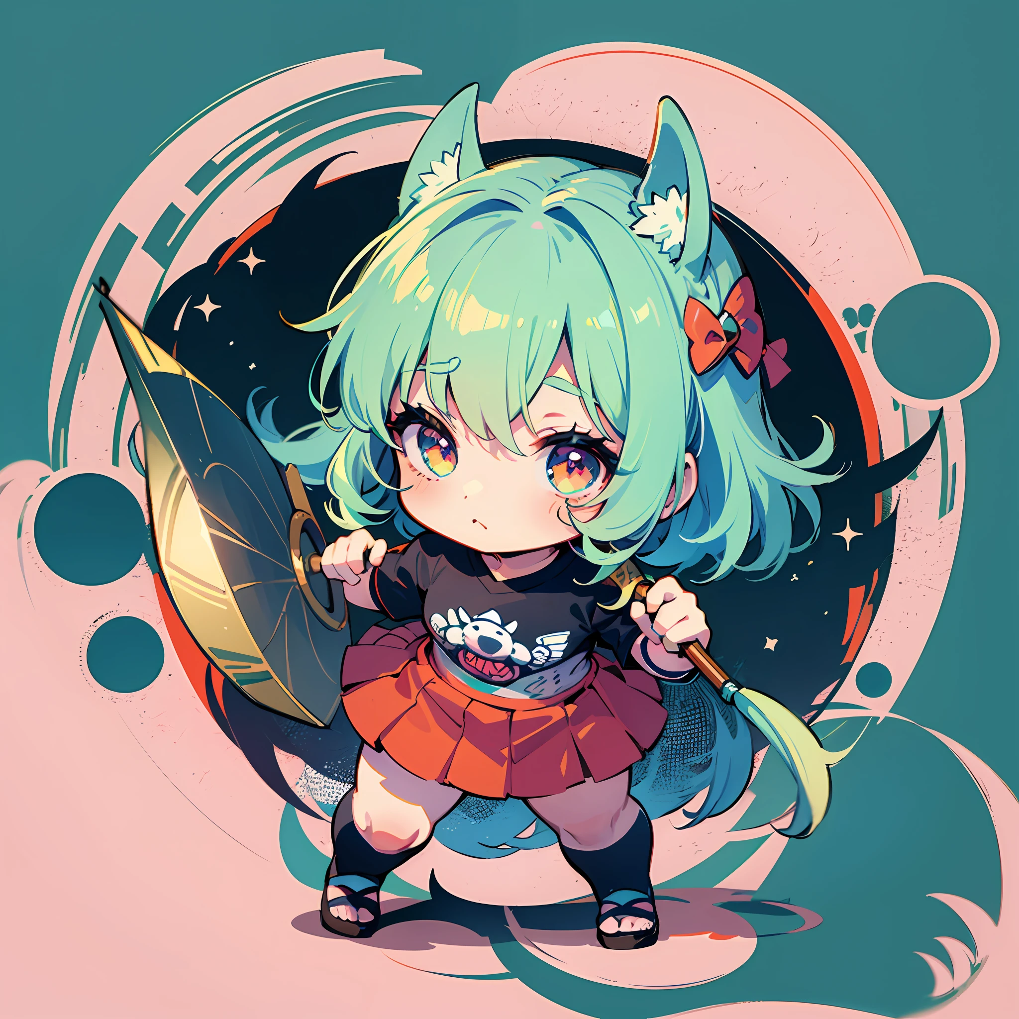 ((Sticker: 1.5))), ((Chibi character)), (white background), fluffy, girl, hoplite, hoplite costume, holding weapon, hoplite pose, chibi character, full body, pastel colored hair, fairytale, fantastic, rainbow, t-shirt design, masterpiece, best quality, 16k,