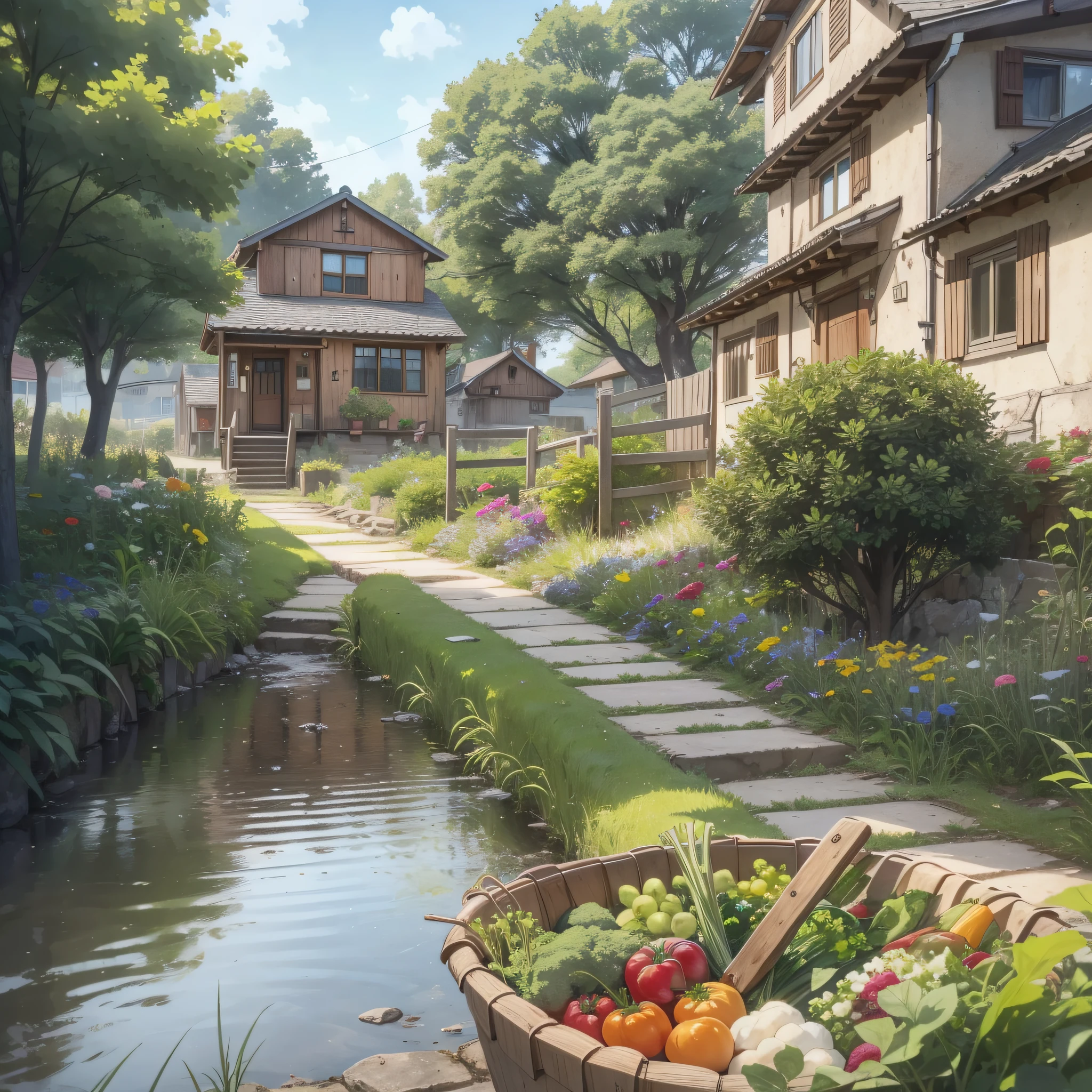 Close-up of a vegetable basket filled with a lot of vegetable dishes in the yard of the village house, bucket full of water 1.3, vegetables 1.3 (background is the yard of the village house 1.5) anime style 4 K, anime rendering, anime style. 8K, (cinematic lighting 1.5)