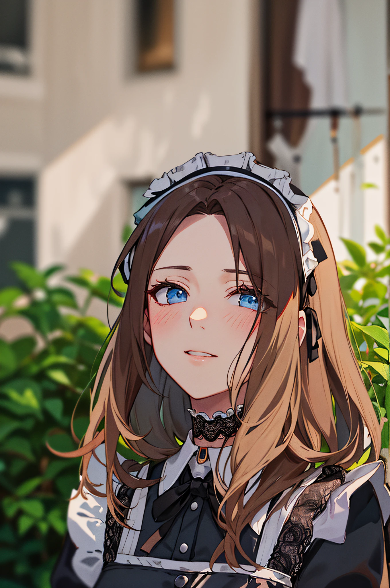 HD, (Best Detail) (Best Quality), (((Maid Outfit))), Headdress, Headband, Frilled Skirt, Maid Apron, Lace Choker, Bow, (Maid Uniform: 1.1), Blush with Long Hair and Black Shirt Looking at the Camera for Blonde Woman