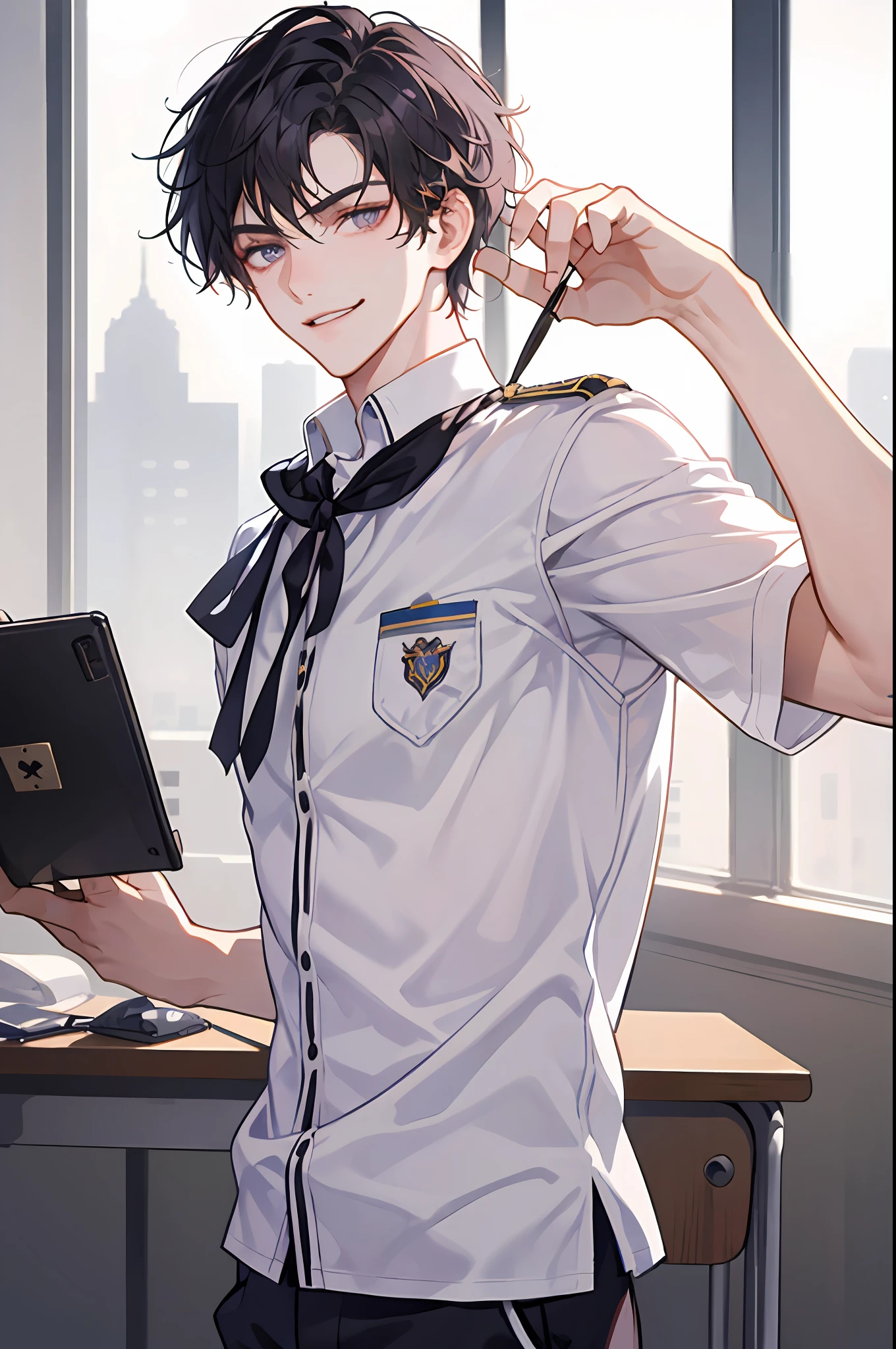 masterpiece, best quality, 1man, short hair, hair trimmed short, very short hair tousled back, comma bangs, handsome student, solo, trendy, ash hair, purple eyes, lean body, tall body, skinny, masculine, alpha male, clean shaven face, broad shoulders, tiny waist, modern, man wears korean school uniform, sophisticated uniform, black trousers, white uniform, student council badge, specs, half body shot, CG 8k, high school student, smirking, perfect anatomy, correct limbs, looking at viewer, in school classroom