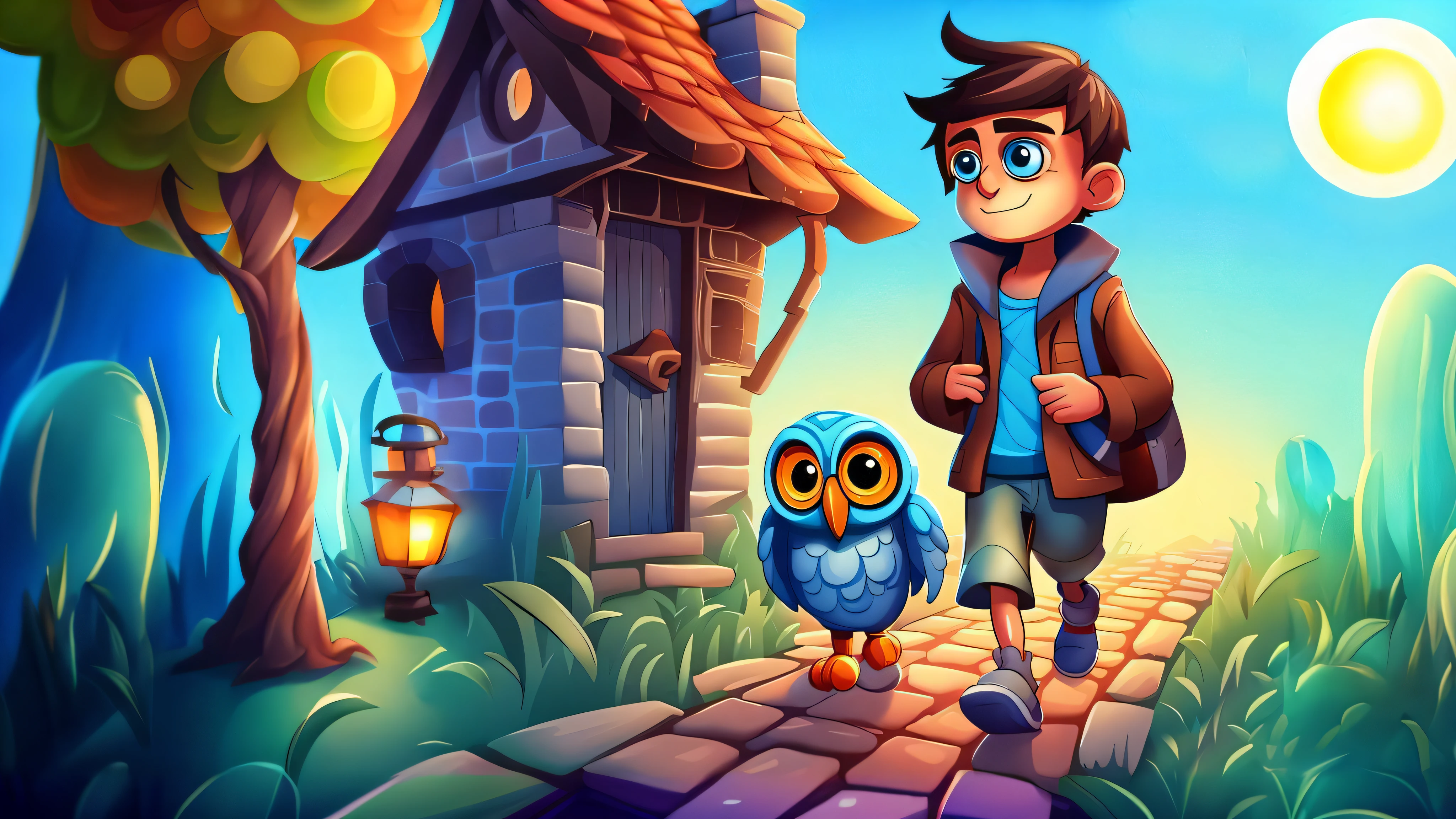 a cartoon boy walking with an owl on a path, stylized game art, mobile game art, 2d game art, 2 d game art, background artwork, game illustration, game art, playrix games, 2d game fanart, isometric 2 d game art, background art, adventure game, 2 d game assets, side scroller game, township