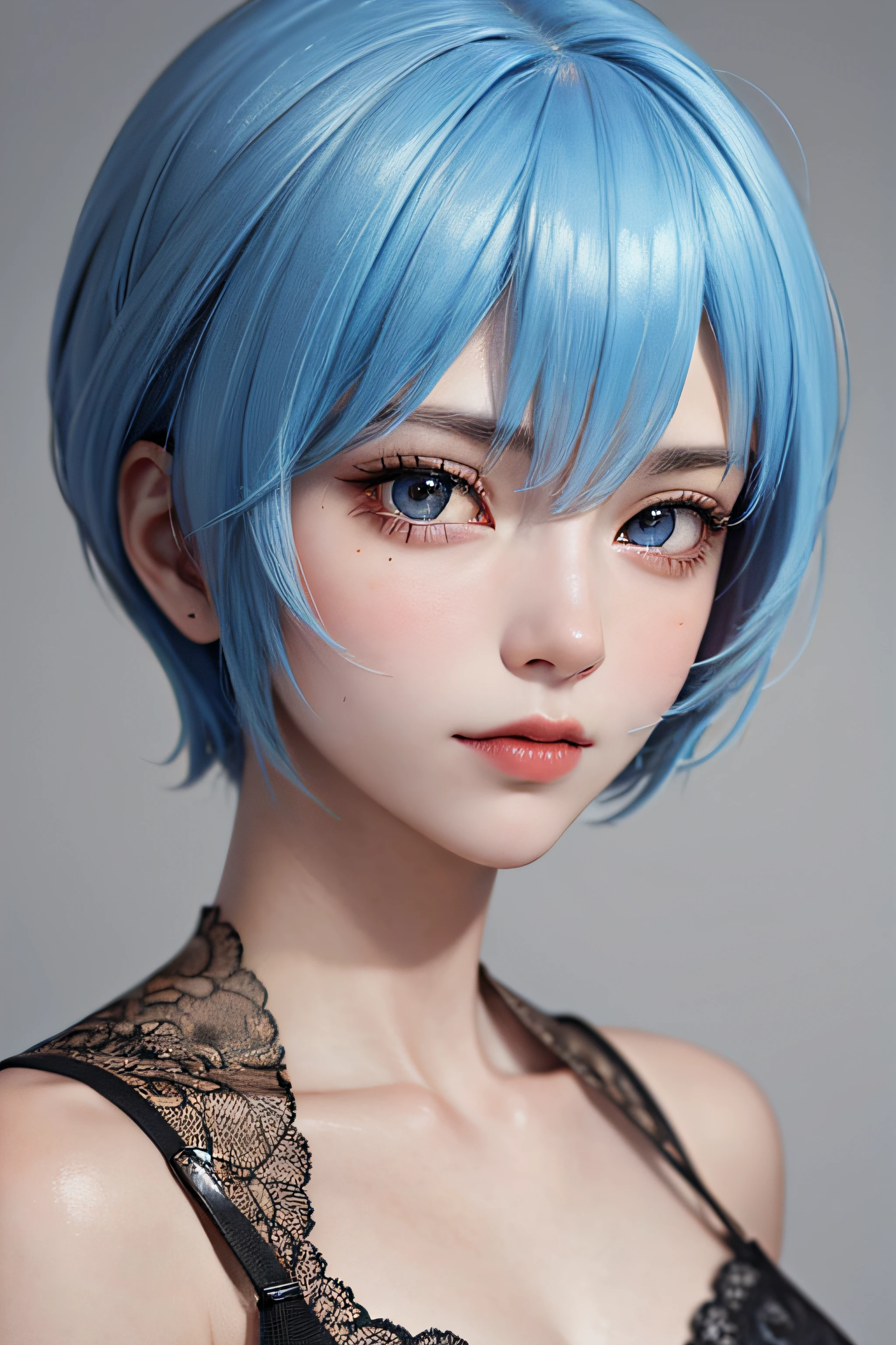 Masterpiece, Best Quality, 8K, Detailed Skin Texture, Detailed Cloth Texture, Beautiful Detail Face, Intricate Detail, Ultra Detailed, Portrait of Rei Ayanami, Blue Hair, Red Eyes, Sideways Glance, No Background