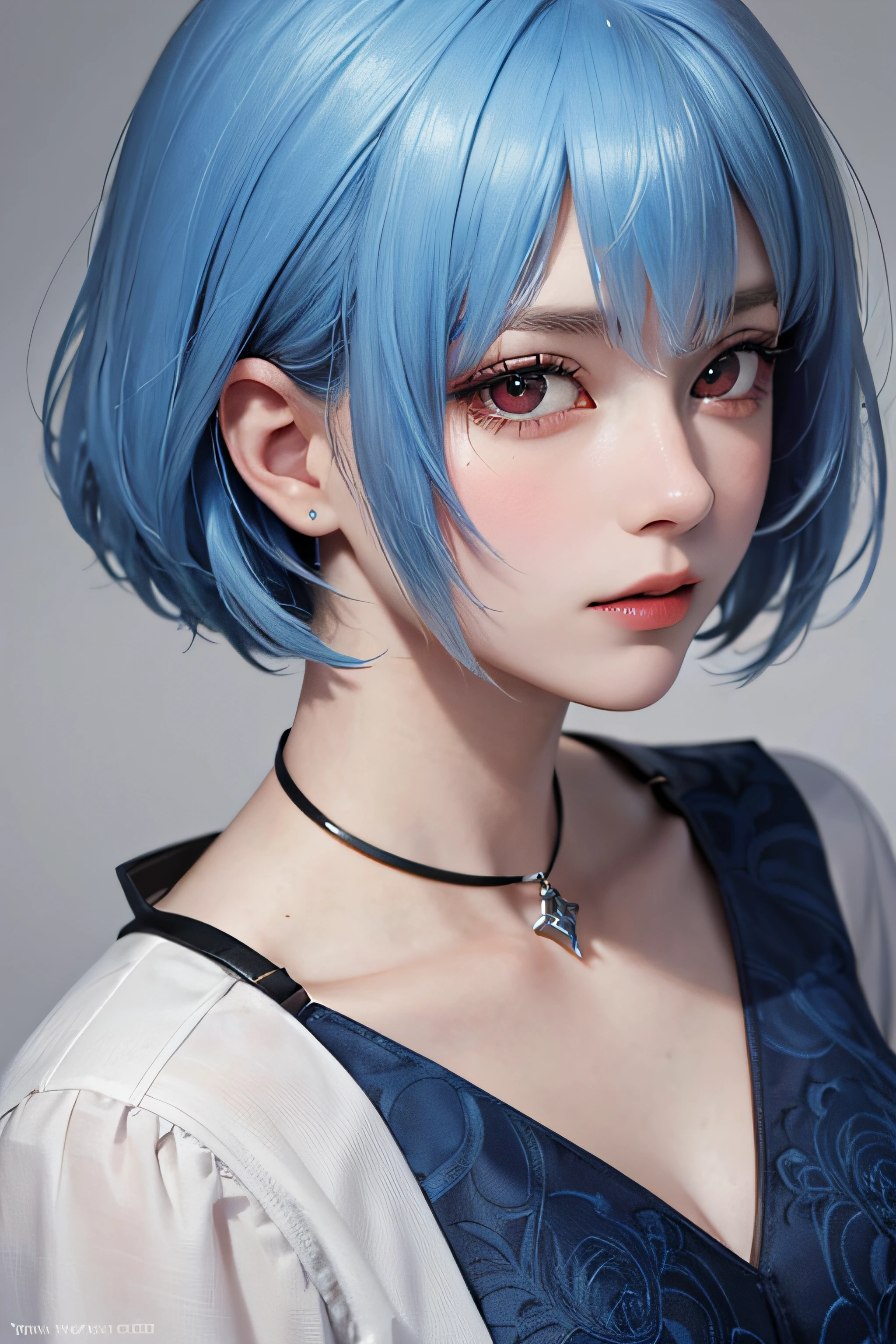Masterpiece, Best Quality, 8K, Detailed Skin Texture, Detailed Cloth Texture, Beautiful Detail Face, Intricate Detail, Ultra Detailed, Portrait of Rei Ayanami, Blue Hair, Red Eyes, Sideways Glance, No Background