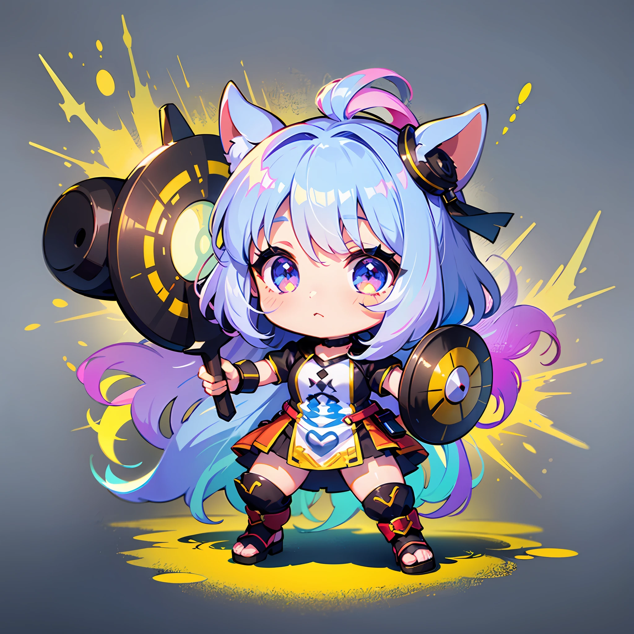 ((Sticker: 1.5))), ((Chibi character)), (white background), fluffy, girl, hoplite, hoplite costume, holding weapon, hoplite pose, chibi character, full body, pastel colored hair, fairytale, fantastic, rainbow, t-shirt design, masterpiece, best quality, 16k,