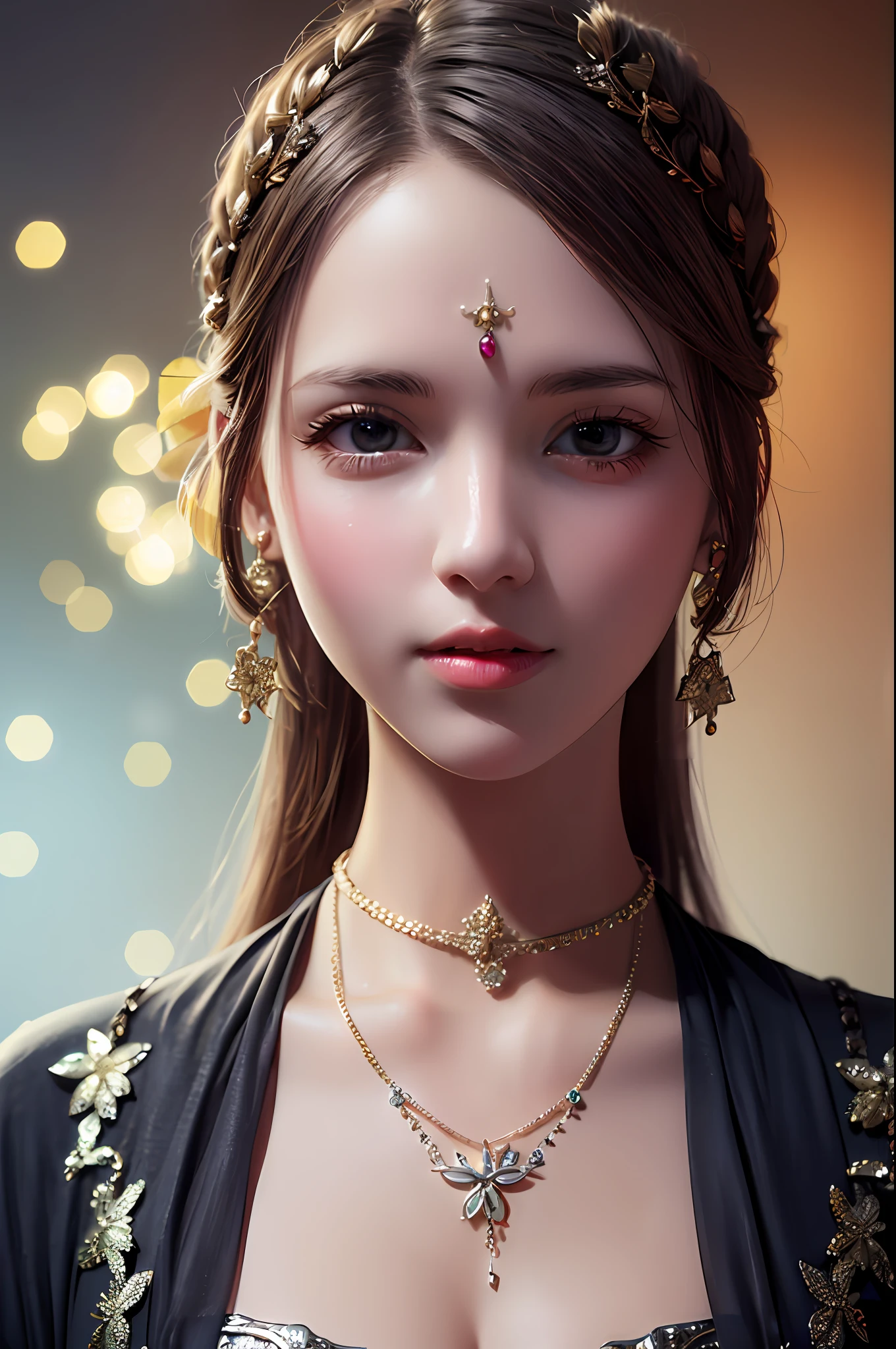 Best Quality, Masterpiece, High Resolution, 1girl, Porcelain Dress, Hair Accessories, Necklace, Jewelry, Beautiful Face, Physically, Tyndall Effect, Realistic, Dark Studio, Rim Lighting, Duotone Lighting, (High Detail Skin : 1.2), 8k uhd, DSLR, soft light, high quality, volume light, sneak shot, photo, high resolution, 4k, 8k, bokeh, .Jinstyle, architecture
