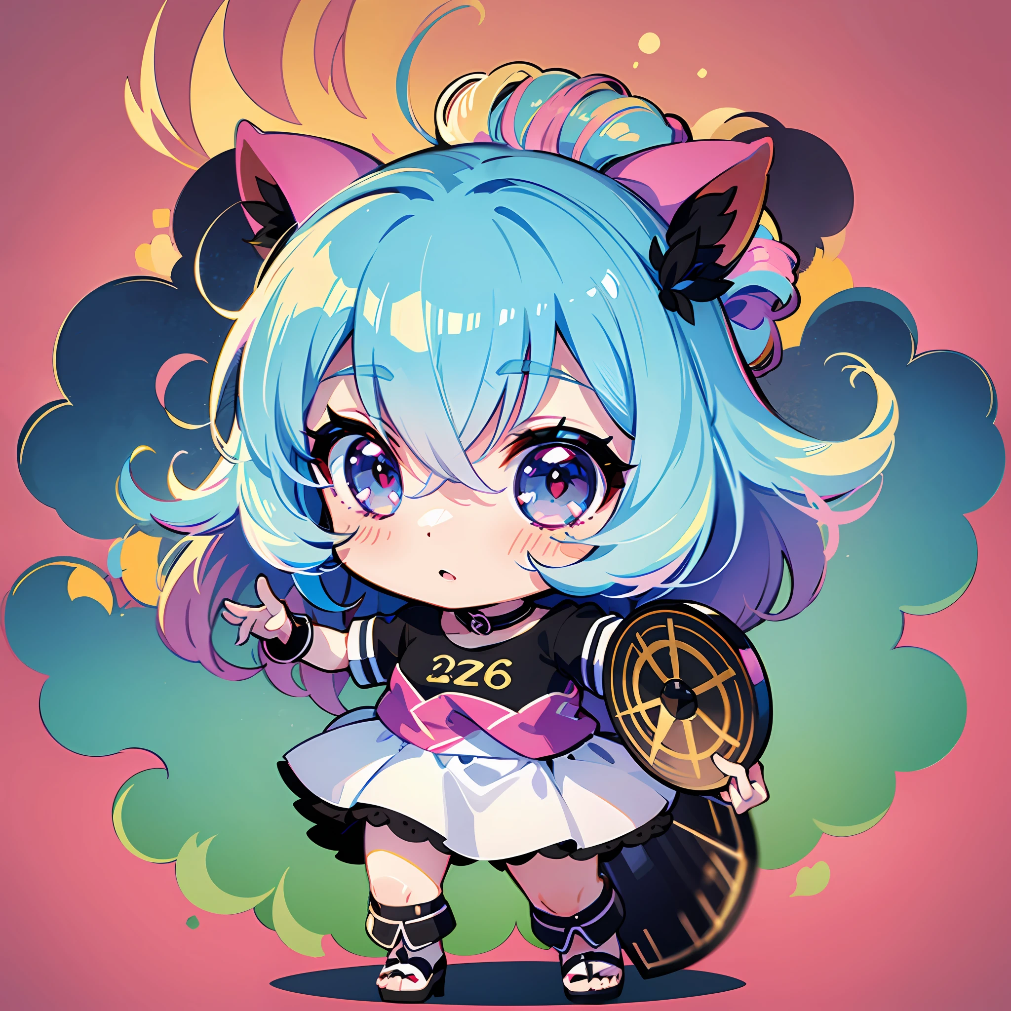 ((Sticker: 1.5))), ((Chibi character)), (white background), fluffy, girl, hoplite, hoplite costume, holding weapon, hoplite pose, chibi character, full body, pastel colored hair, fairytale, fantastic, rainbow, t-shirt design, masterpiece, best quality, 16k,