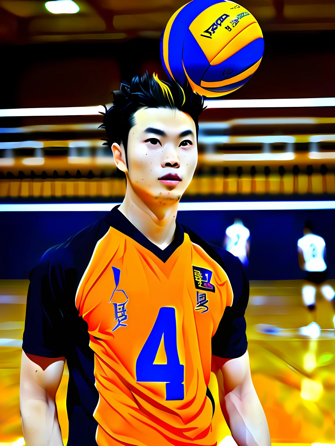 Yuu Nishinoya,独奏,1boy,杰作,最佳品质,((1man))。 ((上了年纪)),haikyuu!! nishinoya_yuu highres ,ball black_hair (blonde_hair) brown_eyes clothes_writing, 羽毛脚印 karasuno_volleyball_uniform male_focus multicolored_hair orange_shirt parted_lips playing_sports shirt short_hair solo (streaked_hair) sweat two-tone_hair upper_body volleyball (volleyball_uniform) (排球场)