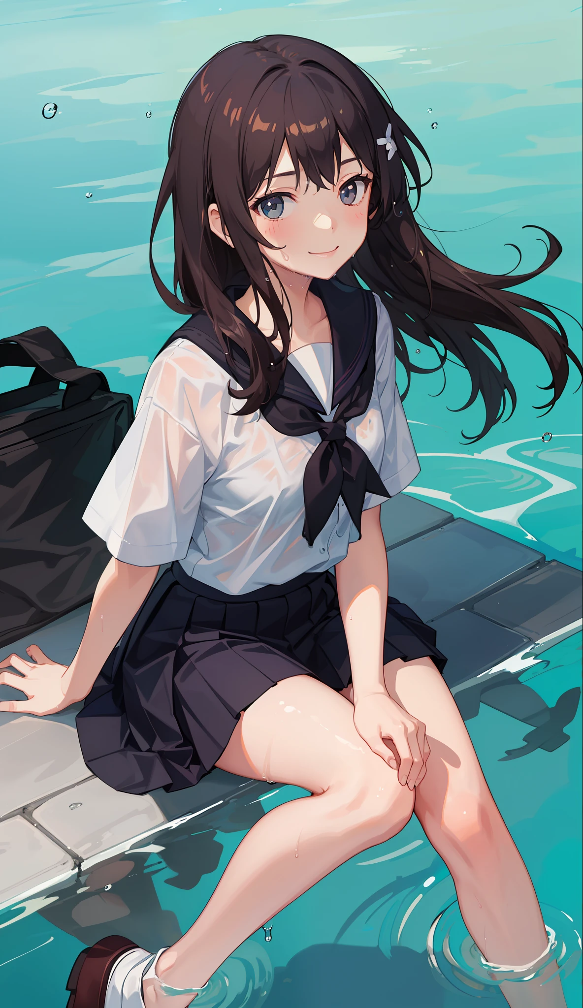 1 girl, smile, shirt, skirt, (small) chiralism, Japan high school school uniform, seravuk, summer clothes, squall-wet uniform, sheer bra, (portrait from knee up),