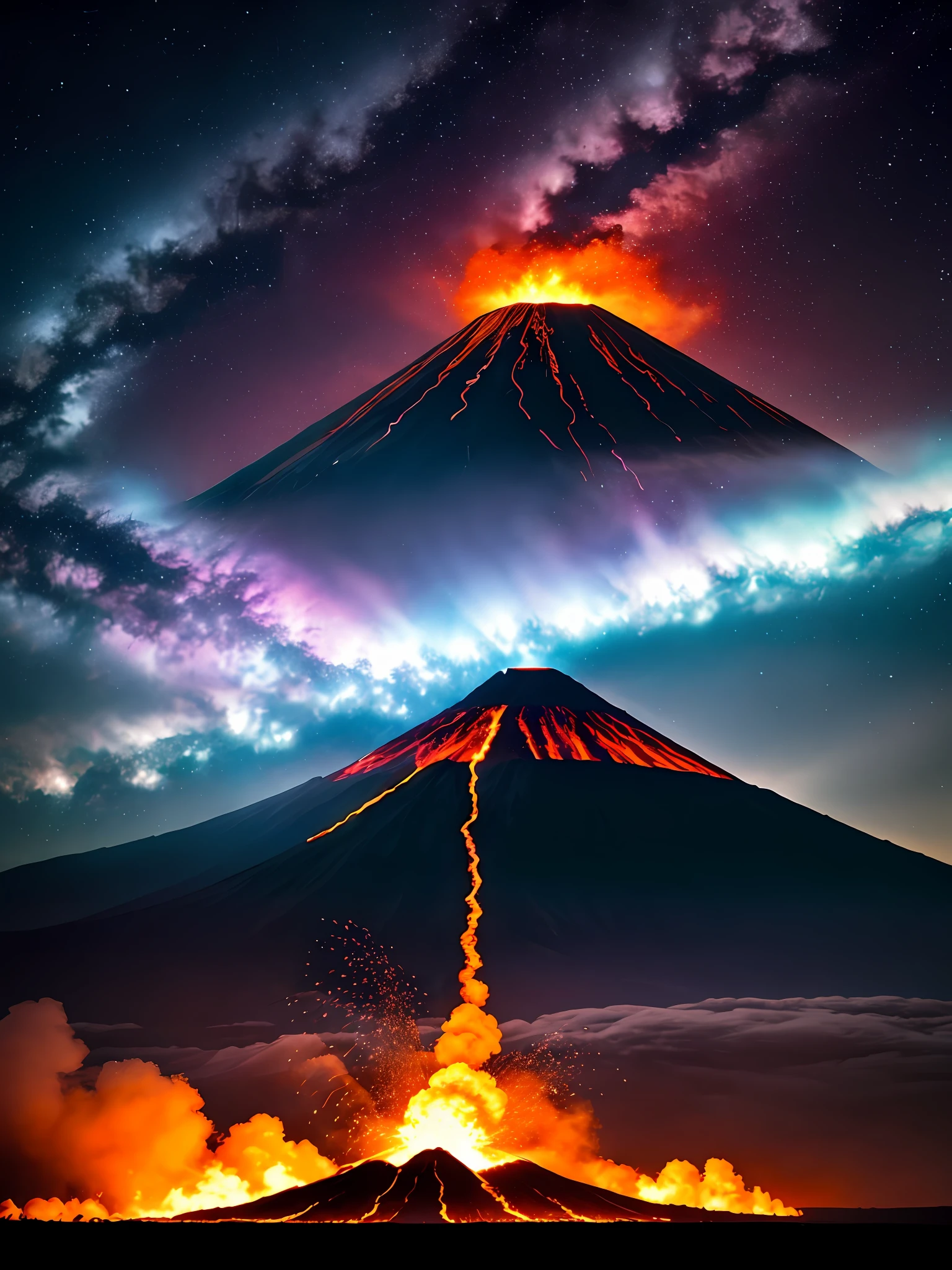 dramatic sky, blue lightning Style: masterpiece, best quality, 8k, sharp focus, realistic, ((Detailed)), ((Dynamic pose)), ((Good Highlights)), (Perfect Proportions), (dynamic), (intricate), (complimentary colors), good perspective, (Professional), (Award winning)
ADDCOMM
volcanic island background
Red flame, soft particles, explosion
BREAK
green flame, soft particles, explosion
BREAK
blue flame, soft particles, explosion
volcanic island background