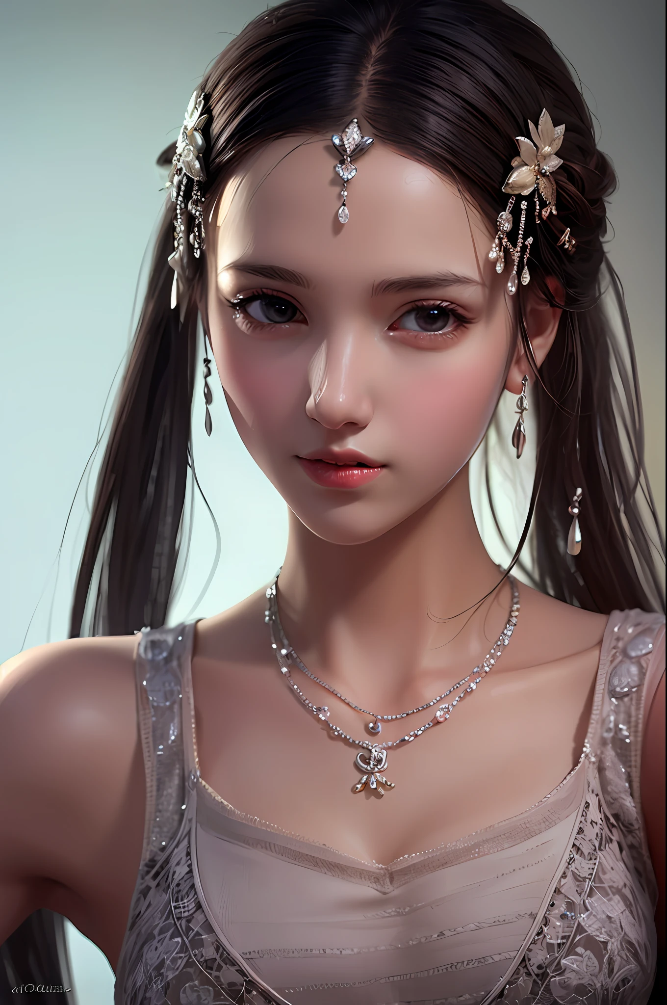 Best Quality, Masterpiece, High Resolution, 1girl, Porcelain Dress, Hair Accessories, Necklace, Jewelry, Beautiful Face, Physically, Tyndall Effect, Realistic, Dark Studio, Rim Lighting, Duotone Lighting, (High Detail Skin : 1.2), 8k uhd, DSLR, soft light, high quality, volume light, sneak shot, photo, high resolution, 4k, 8k, bokeh, .Jinstyle, architecture