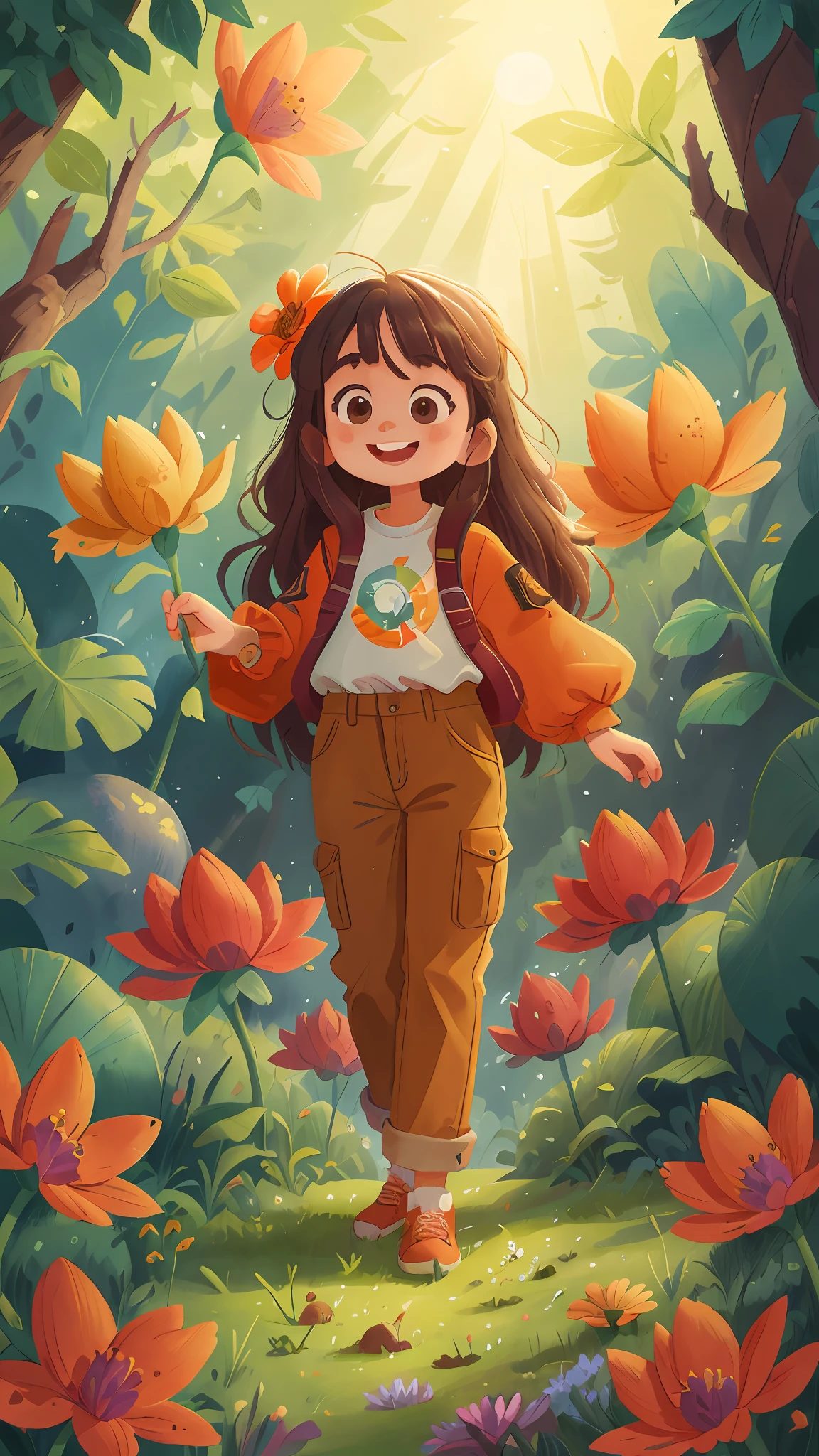 (Ultra Wide Angle Lens), (Best Masterpiece), 8K, Dense Trees, Sea of Flowers, Verdant Leaves, Visually Exquisite and Beautiful, Full of Sunshine, Outer Border, Solo, Beautiful Long-Haired Girl, Girl with a Smile, Innocent and Cute, Wearing Pants, Holding a Flower in the Right Hand to Send Forward, Left Hand Down, Orange Flowers, Bright Sun, Meadow, Expanse