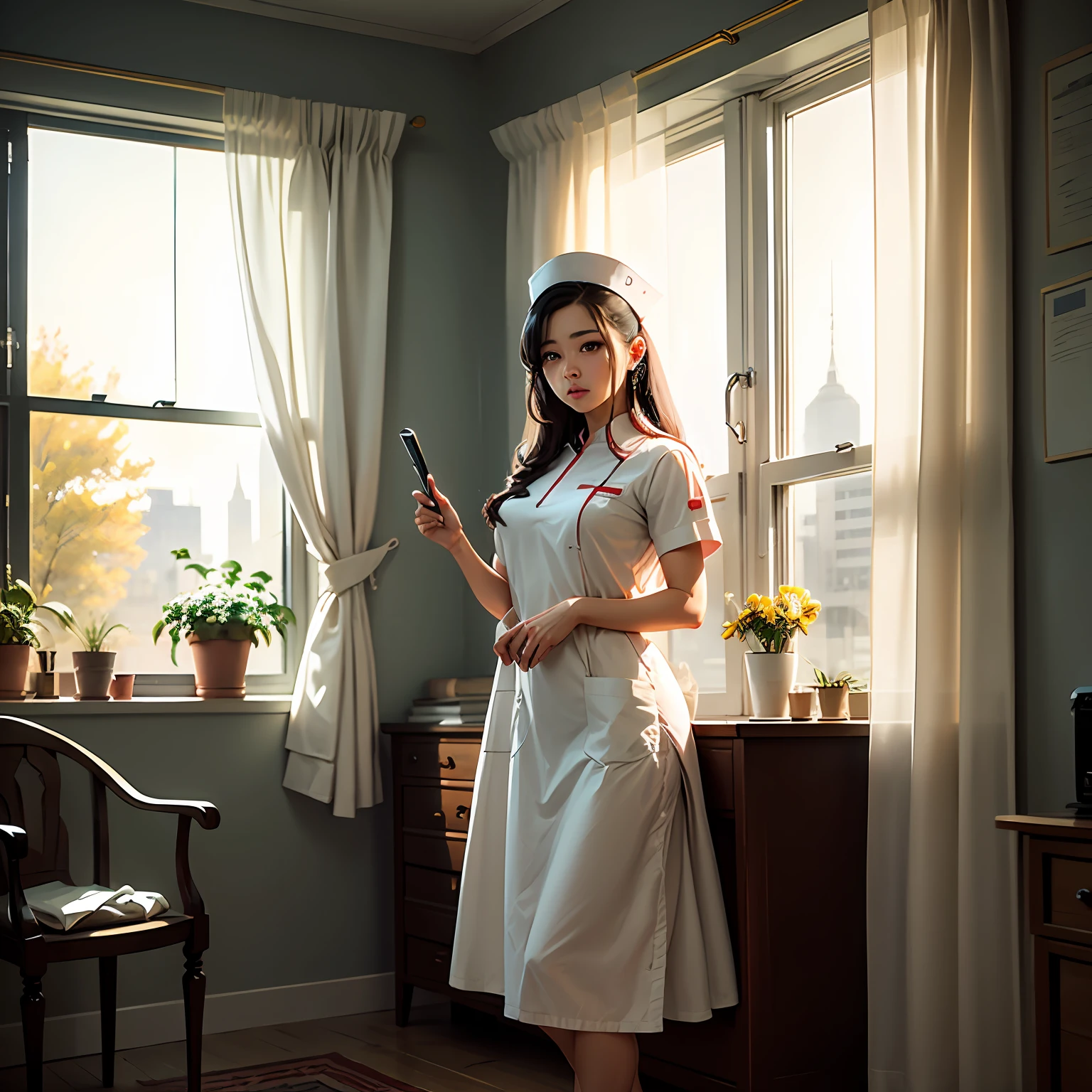 Infirmary, curtains, 1 girl, nurse, white dress, masterpiece, best quality, highly detailed --auto