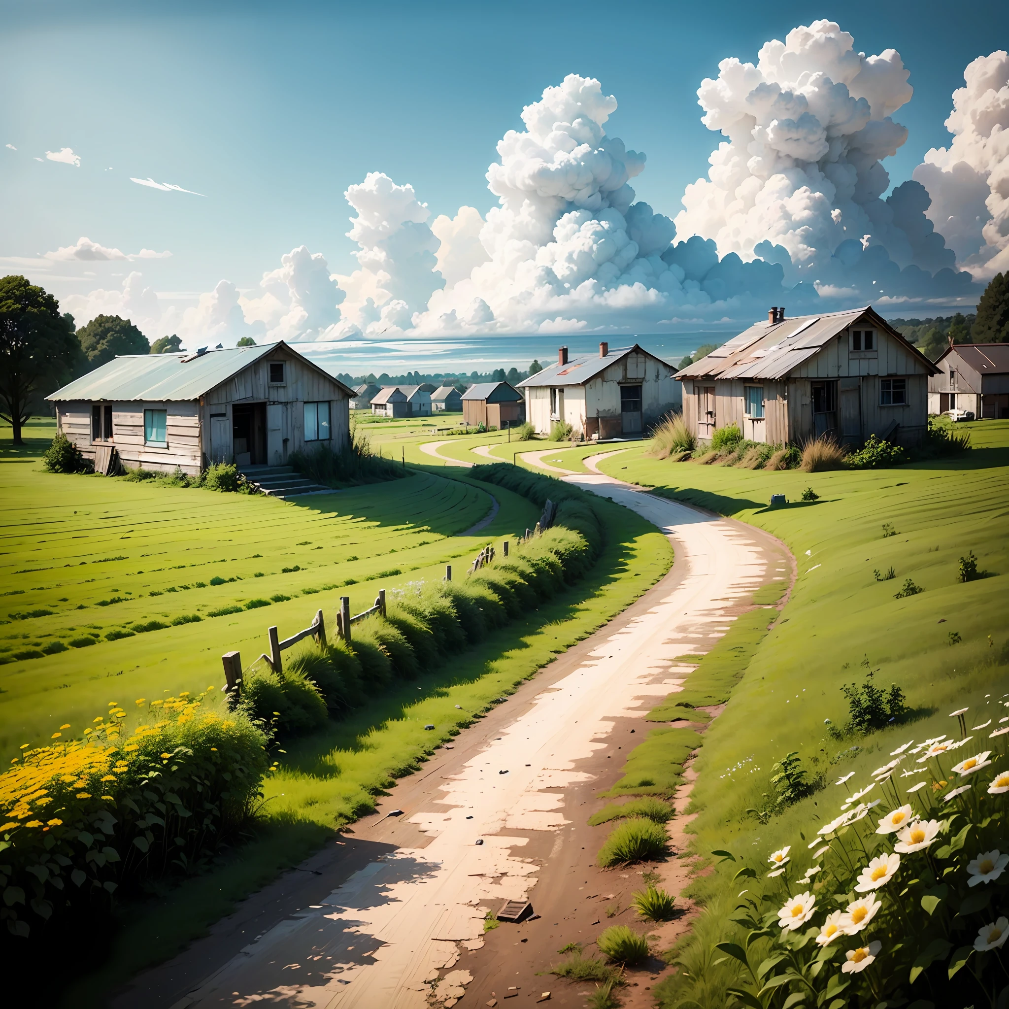 A field path unfolds in front of you, with white clouds floating in the blue sky. The path is lined with vast green fields. Several dilapidated wooden houses stand in the fields, in disrepair and retain their unique charm. The whole picture presents a peaceful and rural atmosphere. --auto