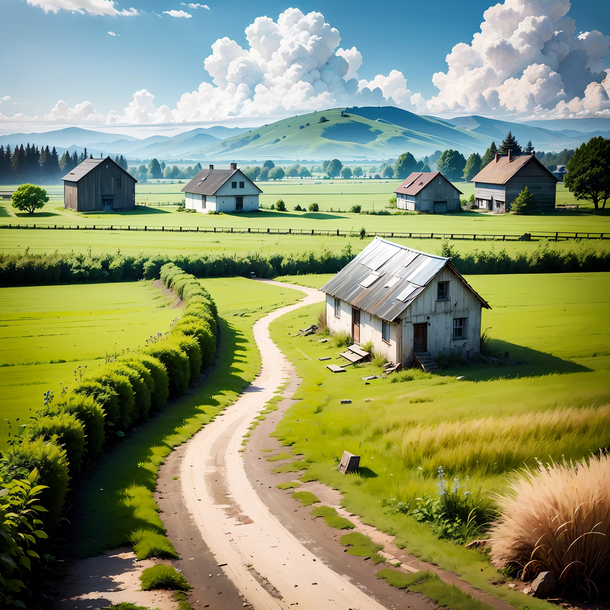 A field path unfolds in front of you, with white clouds floating in the blue sky. The path is lined with vast green fields. Several dilapidated wooden houses stand in the fields, in disrepair and retain their unique charm. The whole picture presents a peaceful and rural atmosphere. --auto