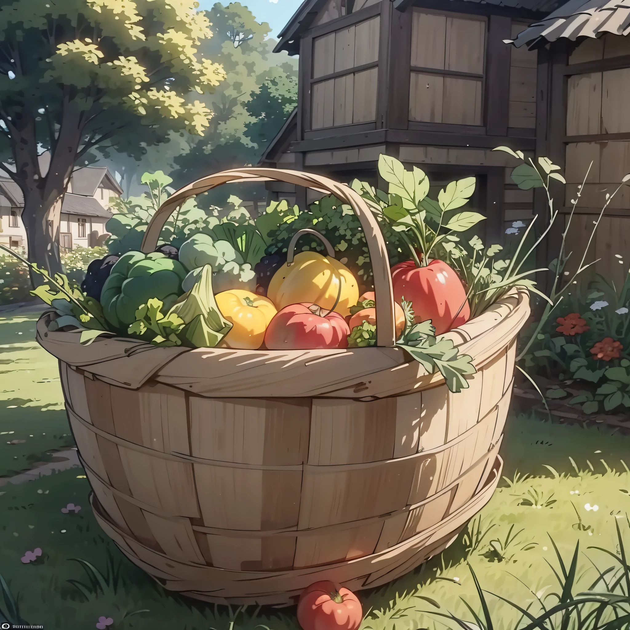 Close-up of a vegetable basket filled with a lot of wild vegetables in the yard of the village house (background is the yard of the village house 1.5) anime style 4 K, anime rendering, anime style. 8K, (cinematic lighting 1.5)
