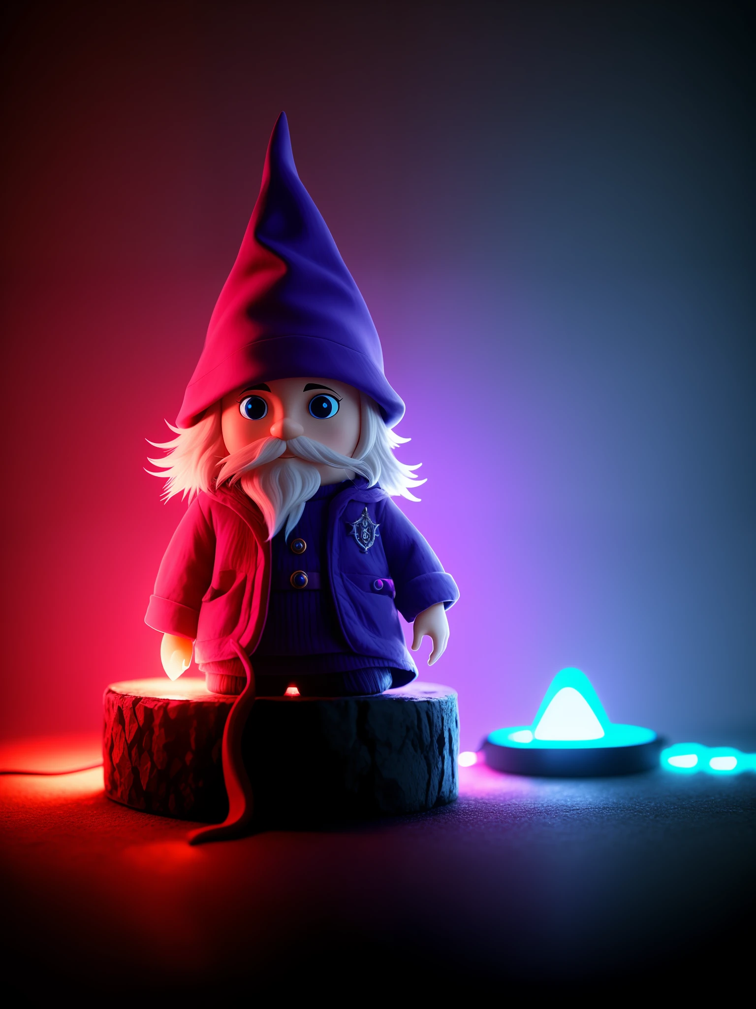 Purple gnome and see with red background lights, cyberpunk, cinematic.